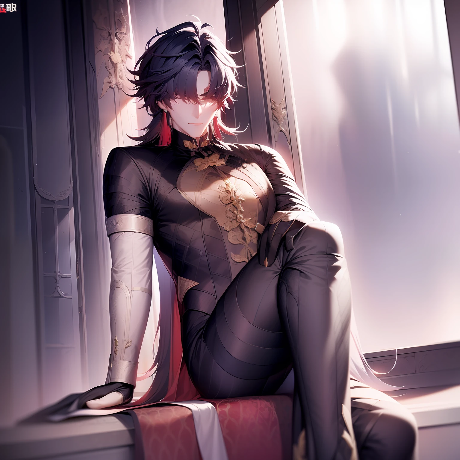 Blade from honkai star rail, calm, detailed, beautiful face, calm atmosphere, looking at viewer, interesting composition, full body, sitting in knees, between window, masterpiece, best quality, 1 male, adult, handsome, tall muscular guy, broad shoulders, finely detailed eyes and detailed face, extremely detailed CG unity 8k wallpaper, intricate details, intricate details