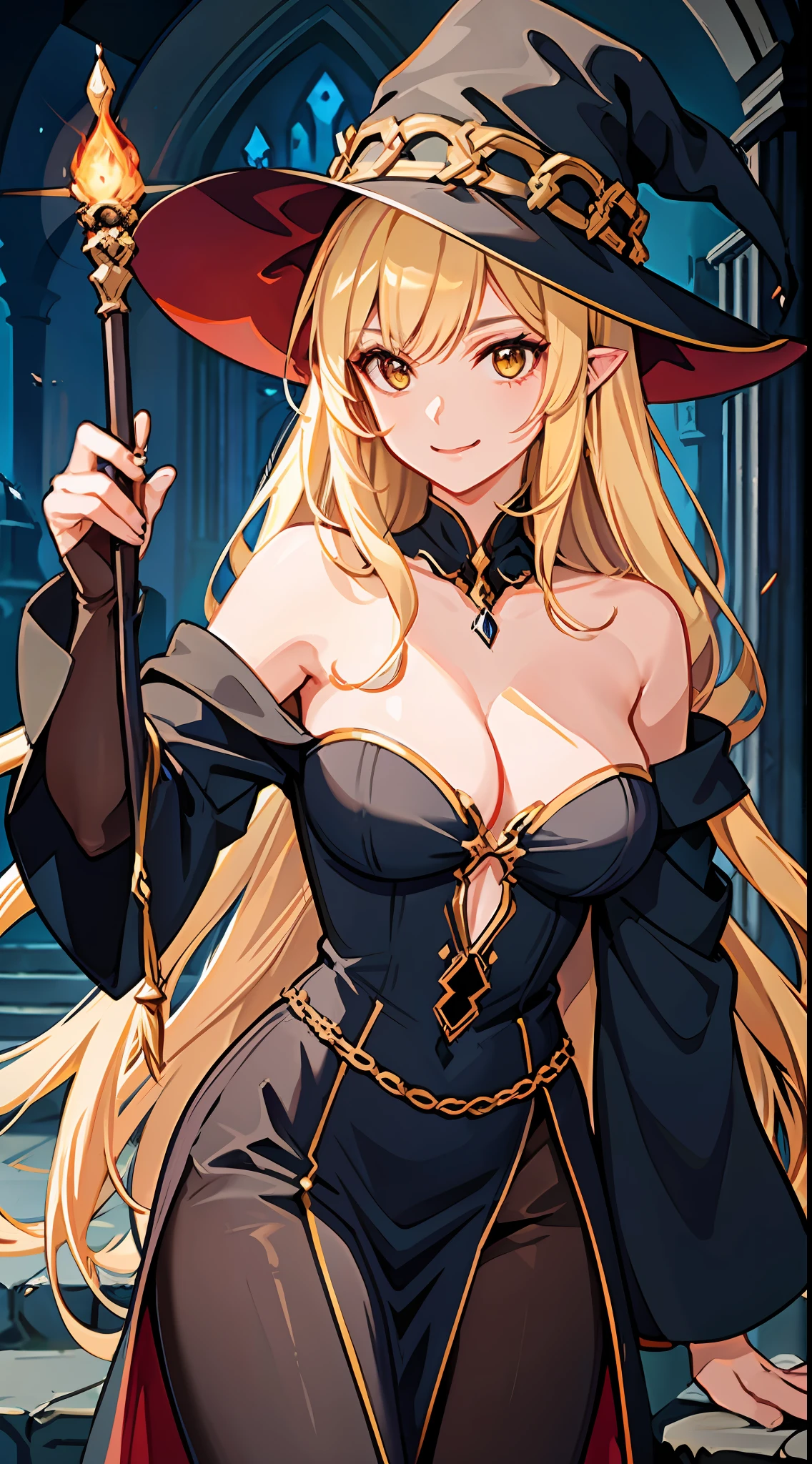 one-girl,,evil sorceress,,Dark Department,Night Forest,Wizard costume,Off-the-shoulder clothing,wands,A yellow-haired,long whitr hair,European people,Wizard's Hat,ssmile,Be red in the face,Close-up,Medieval church,Portrait close-up,cleavage,Fire magic