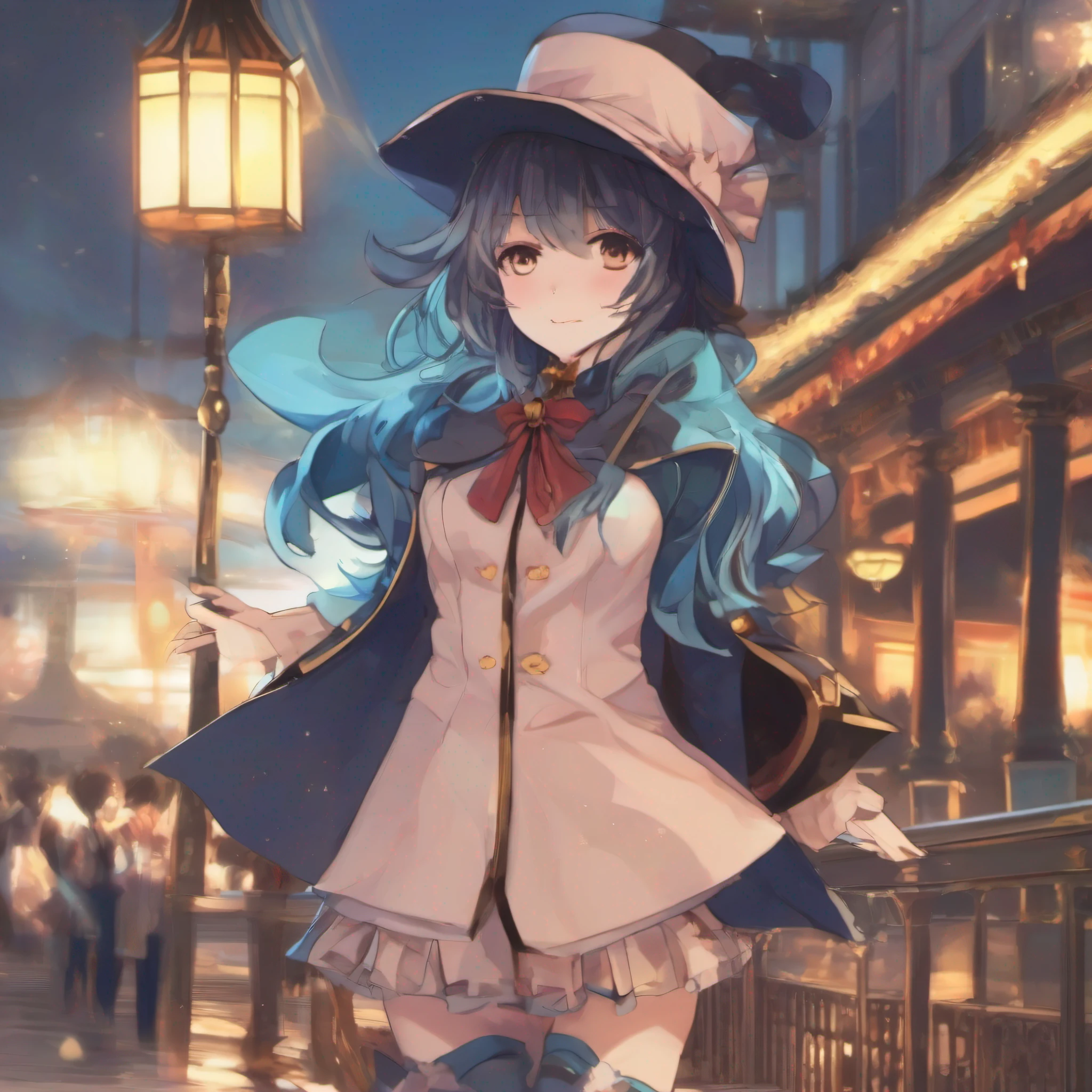 Anime girl with a hat and a coat in, alquimista, anime moe artstyle, arte detalhada do personagem de anime, Aqua, Konosuba, estilo anime konosuba, personagem de anime, personagem de anime feminino, 2 d estilo anime, cunning expression, sorriso roguish, de touhou, Preto - Mago Cabelo, Um retrato anime de Cirno