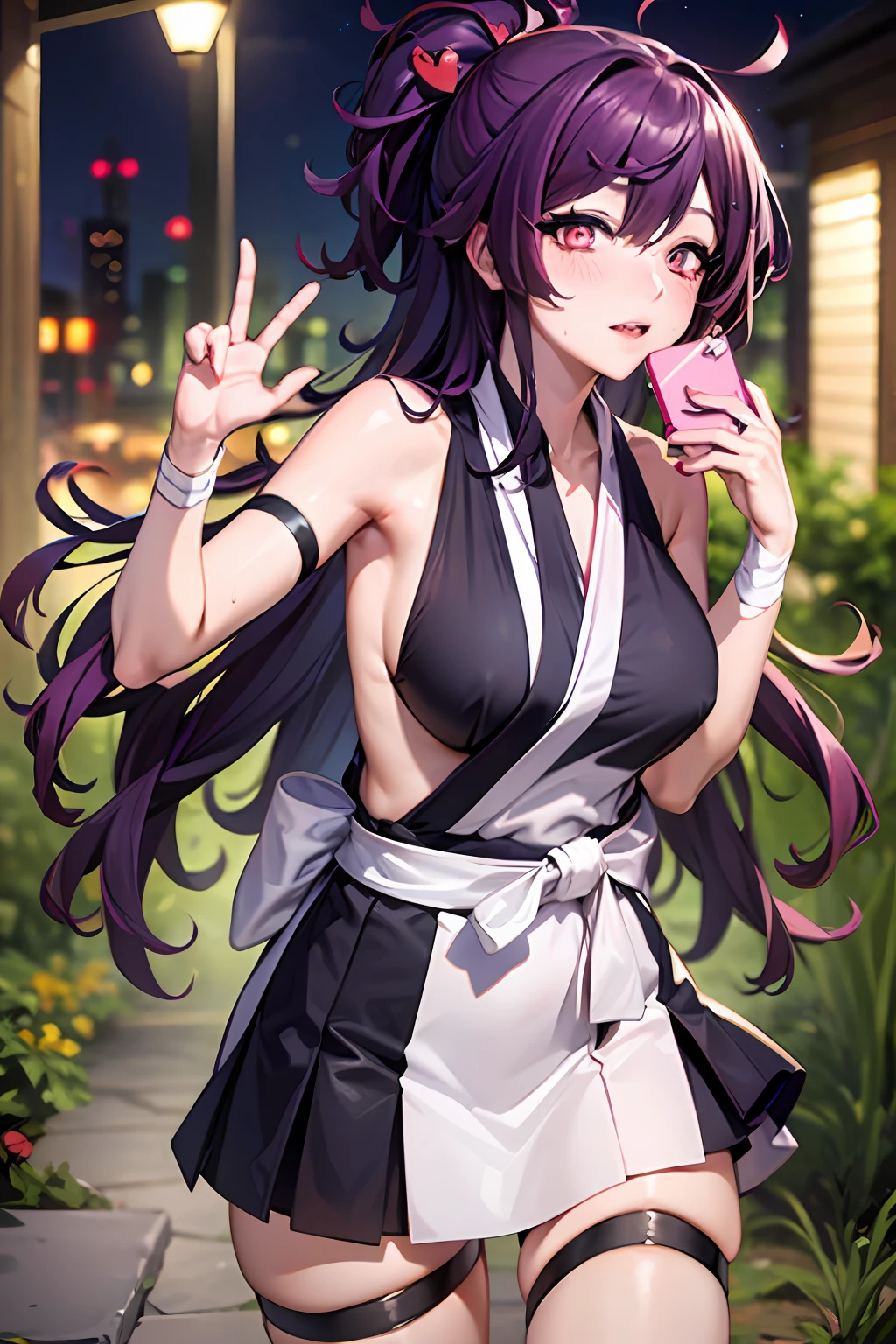 best qualityer，tmasterpiece，（tilt：1.4），
1girll， yuzuriha_（jigokuraku）， Purple hair big breasts， with brown eye， ninjartist， JK school uniform， adolable, （Speaking heart：1.4）（Be red in the face：1.1）， heart - shaped pupils，full face blush，steamy，sweat leggs，Japanese exterior，the night，