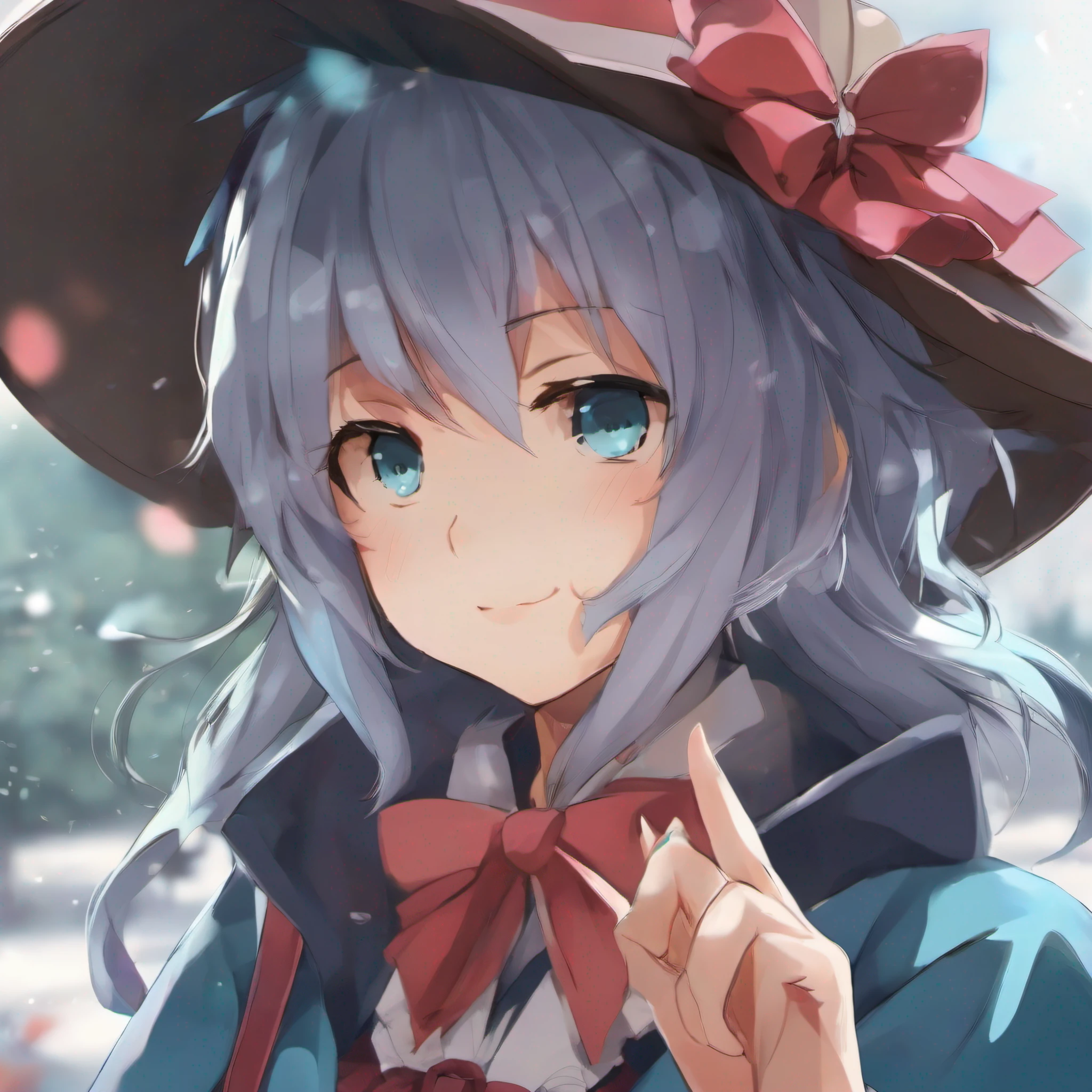 Anime girl with a hat and a coat in, menina alquimista, anime moe artstyle, arte detalhada do personagem de anime, Aqua, Konosuba, estilo anime konosuba, personagem de anime, personagem de anime feminino, 2 d estilo anime, cunning expression, sorriso roguish, de touhou, Preto - Mago Cabelo, Um retrato anime de Cirno