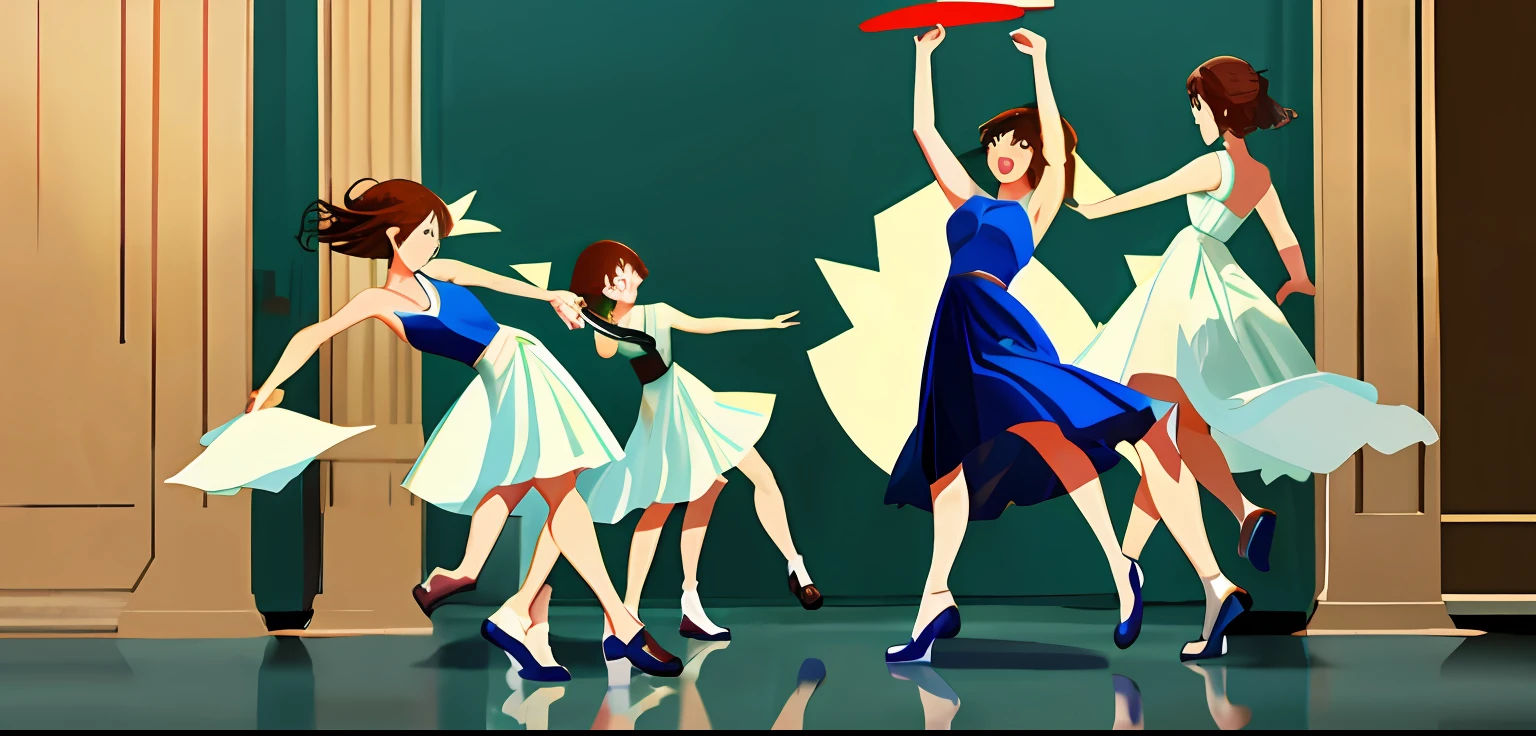 Three girls dancing in the square，having fun，modern day，ultra-realistic realism。
