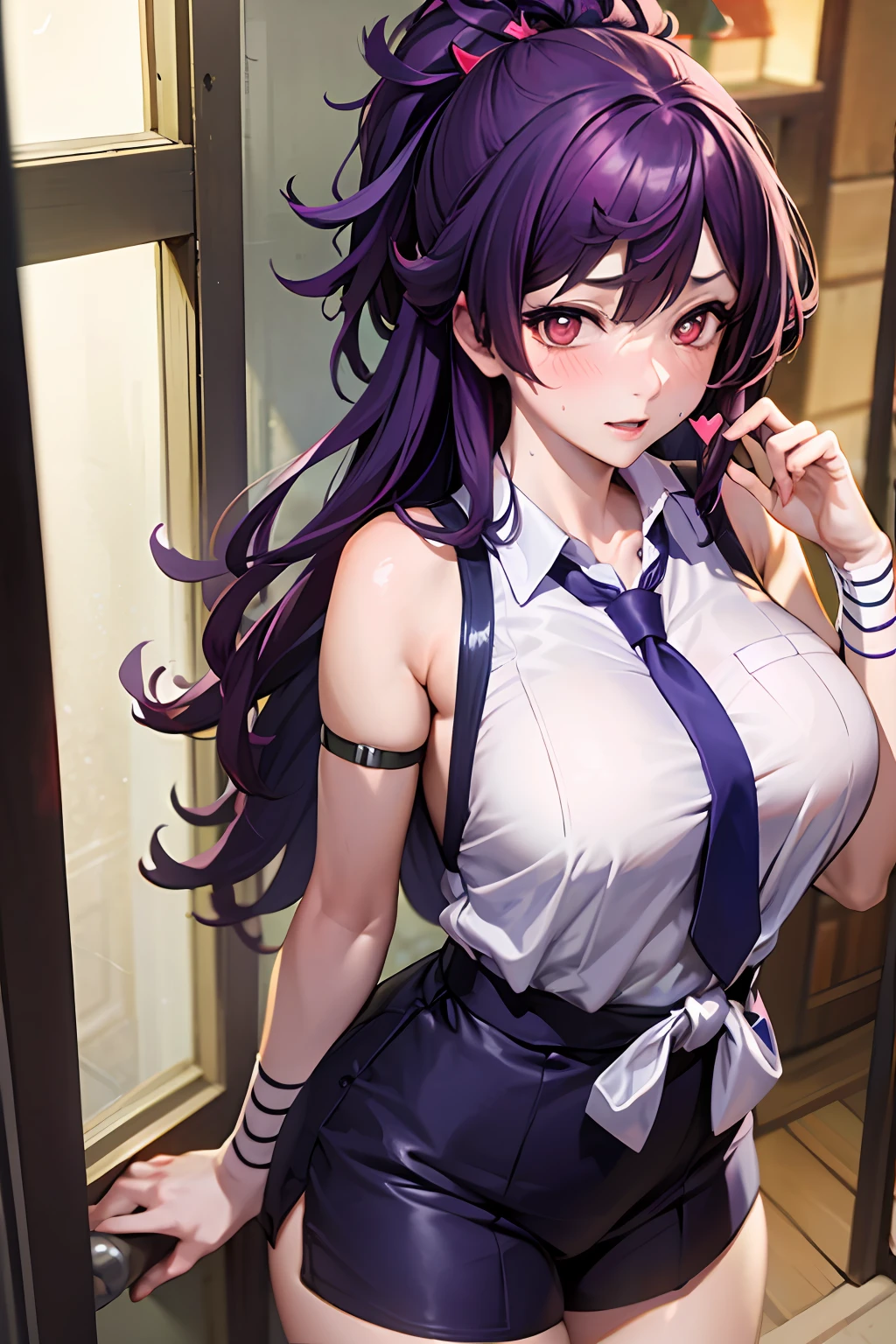 best qualityer，tmasterpiece，（tilt：1.4），
1girll， yuzuriha_（jigokuraku）， Purple hair big breasts， with brown eye， ninjartist， JK school uniform， adolable, （Speaking heart：1.4）（Be red in the face：1.1）， heart - shaped pupils，full face blush，steamy，sweat leggs，Japanese exterior，the night，