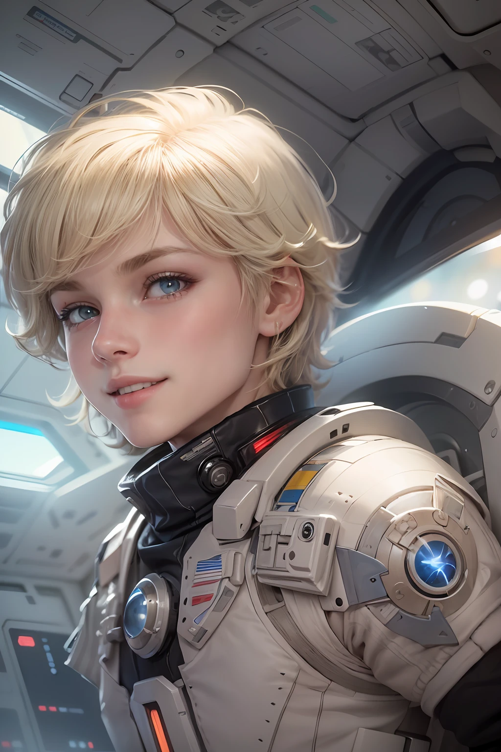 (Cute very feminine male 1.4), (femboy 1.3), wearing a space officer uniform while inside a starship, he is blonde and has short hair, (he is smiling sweetly while showing his teeth and widening his eyes 1.3), his eyes are big and cute 1.3, (his lips are meaty and glossy 1.2), his skin is slightly pale, he is short and has a (petite frame 1.3), he looks like a very young adult, smooth and round jawbone.