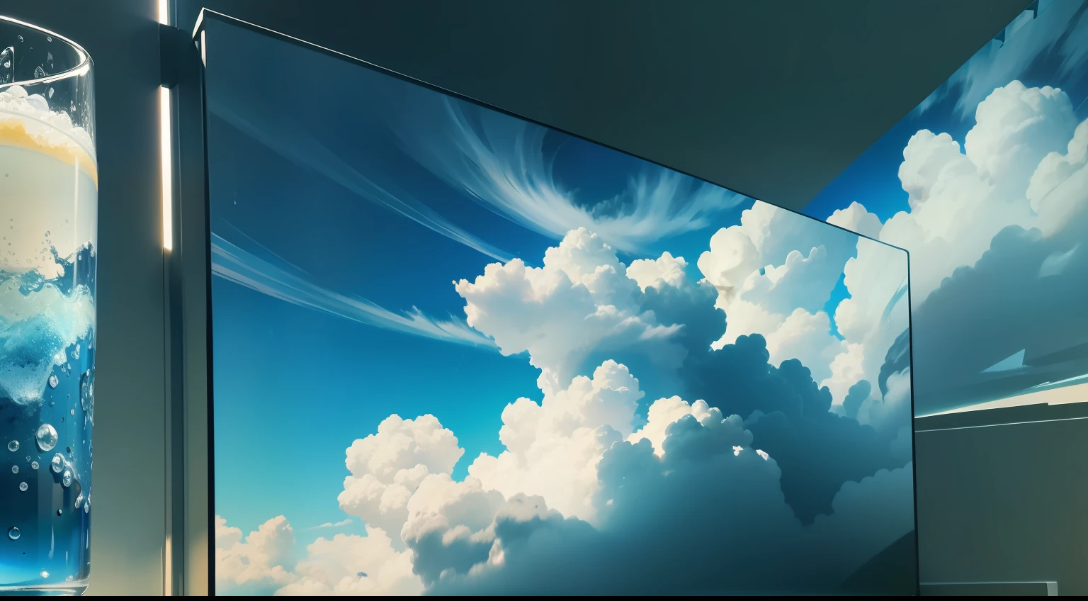 Glass texture: 1.5, cloud, sky, cinema, modern minimalism, layering, rich plant background, realism: 1.5Masterpiece, best quality, 8k, Crazy detail, Intricate Detail, Super Detail, Ultra High Quality, High Detail, Super Detail,