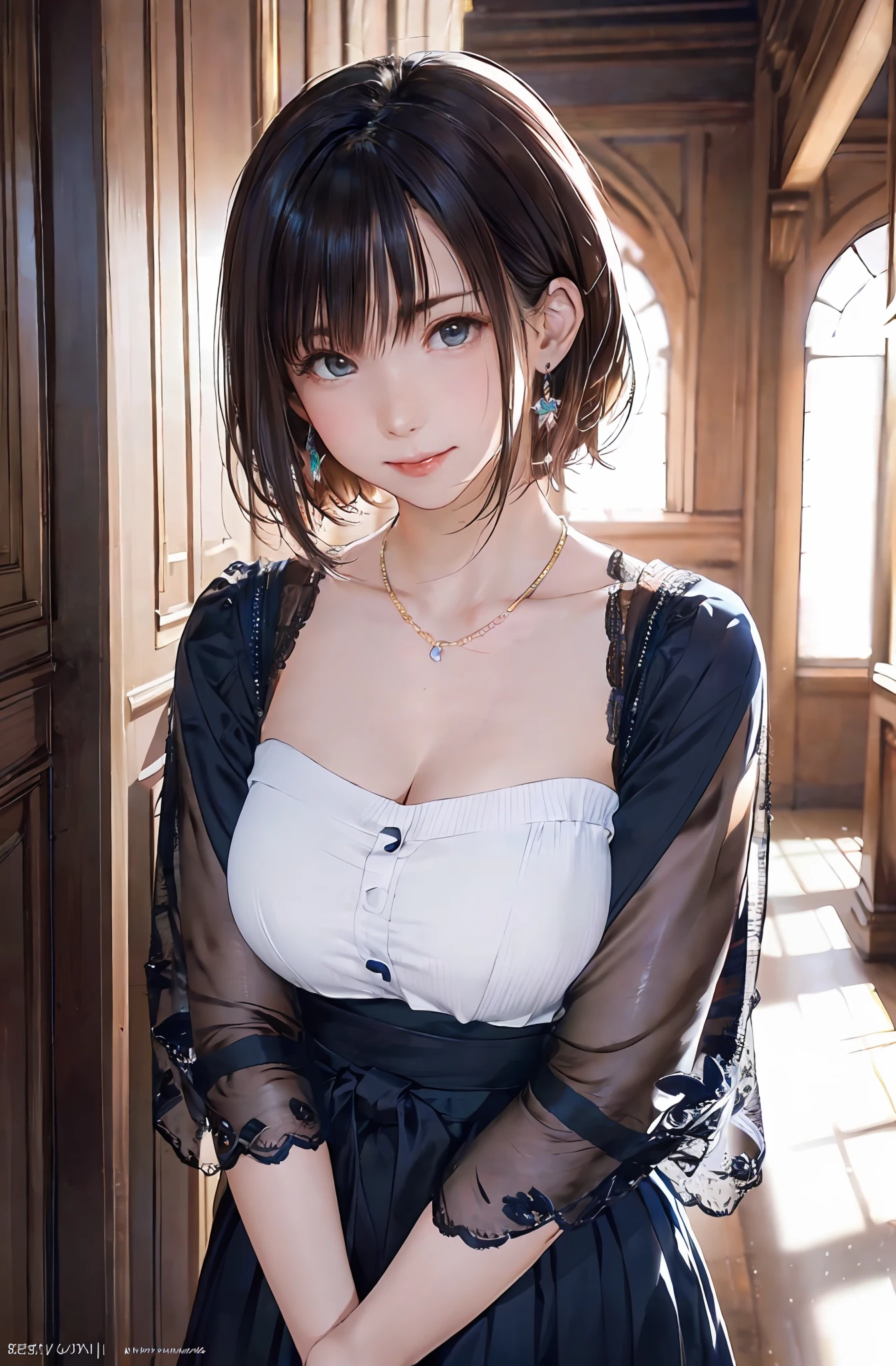 Fine-grained skin、Sharp Focus、(lighting like a movie)、Soft lighting、dynamic ungle、(Face Details:1.2)、large full breasts、Photorealsitic、(8K、Raw photography、top-quality、​masterpiece:1.2)、The ultra-detailliert、超A high resolution、(Realistic and realistic photos:1.37)、portlate、high-definition RAW color photography、professional photograpy、extremely delicate and beautiful、ighly detailed、8K Picture Wallpaper、astonishing、finely detail、huge filesize、beatiful detailed eyes、二重まぶた、Dynamic lighting、very detailed beautiful girls、、1 girl in、(18year old:1.2)、Realistic body、小柄、fair white skin、shinny skin、Good figure、Natural face、(embarrassed from、full of shyness、A smile:1.2)、((dynamicposes:1.2 、1girl in, 独奏, jewely, Detached sleeve, a necklace, blue-beaded earring, Hakama Skirt Pot、 超A high resolution、a picture、Photorealsitic、ighly detailed、A detailed face、Cute Woman Solo、the royal palace、​masterpiece、hightquality、gorgeous goddess、bob cuts、 Charming and、Charming and、dream-like、Royal cloak、thick bangs、Beautiful skin))