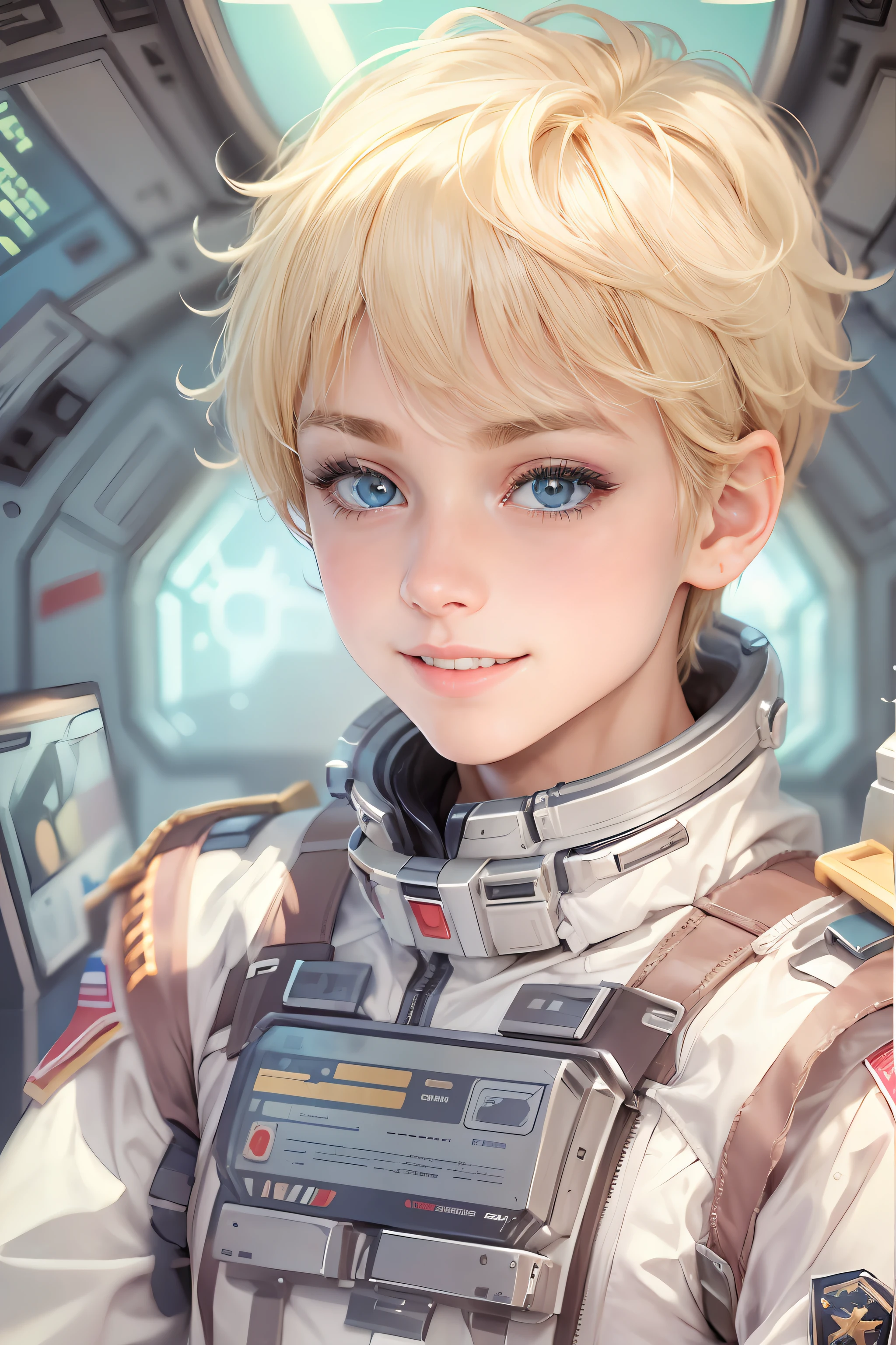 (Cute very feminine male 1.4), (femboy 1.3), wearing a space officer uniform while inside a starship, he is blonde and has short hair, (he is smiling sweetly while showing his teeth and widening his eyes 1.3), his eyes are big and cute 1.3, (his lips are meaty and glossy 1.2), his skin is slightly pale, he is short and has a (petite frame 1.3), he looks like a very young adult, smooth and round jawbone.