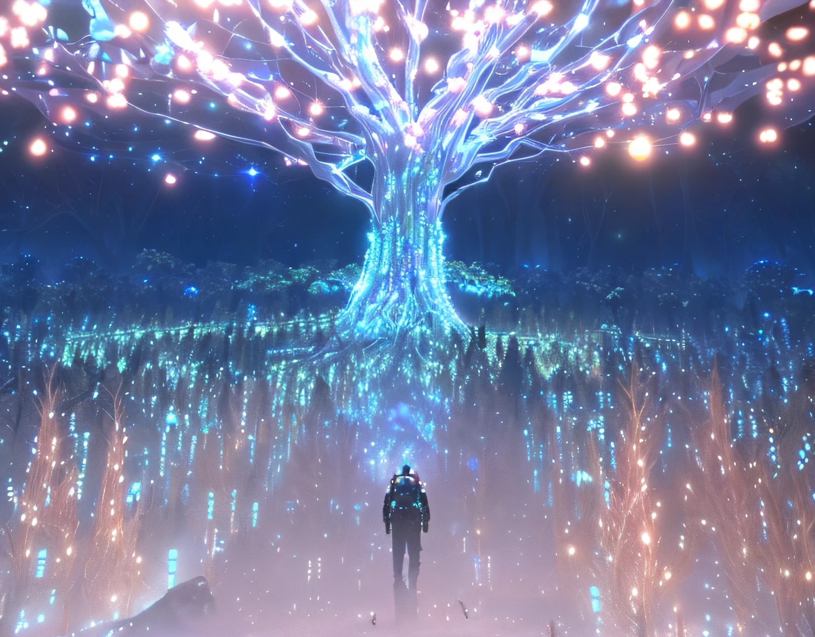 an Quority((Machinary))mtu,galaxias ((miraculously huge breasts)The Tree of Life), the encrypted metaverse, Surreal visual effects, science fiction scene, cyber space forest scene, vfx particle simulation, Cosmic Tree of Life, stunning visuals with rtx on, volumetric lighting futuristic