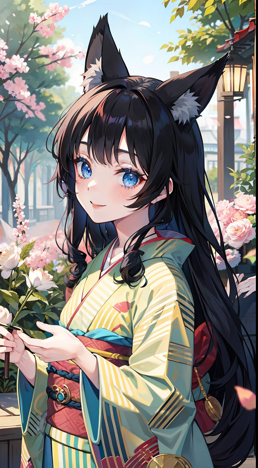 young girl, long curly black hair, Fox ears, Foxtail, blue eyes, open kimono, ssmile, Masterpiece, hiquality