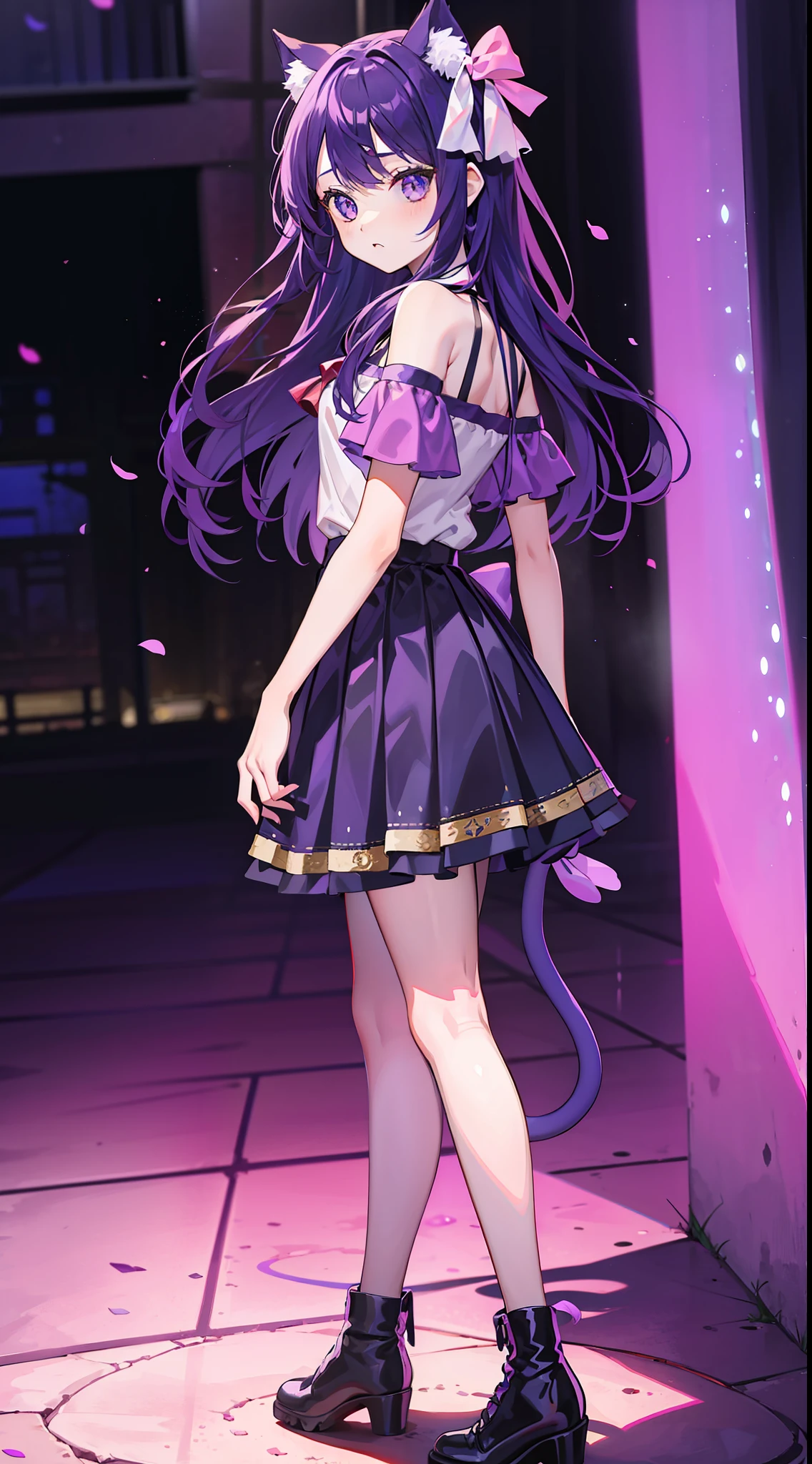 A Little Girl, Shoulders Long Hair, Purple Hair, Small Purple Cat Ears, A Purple Cat Tail, Idol Clothes, skirt length to knee, Amine Style