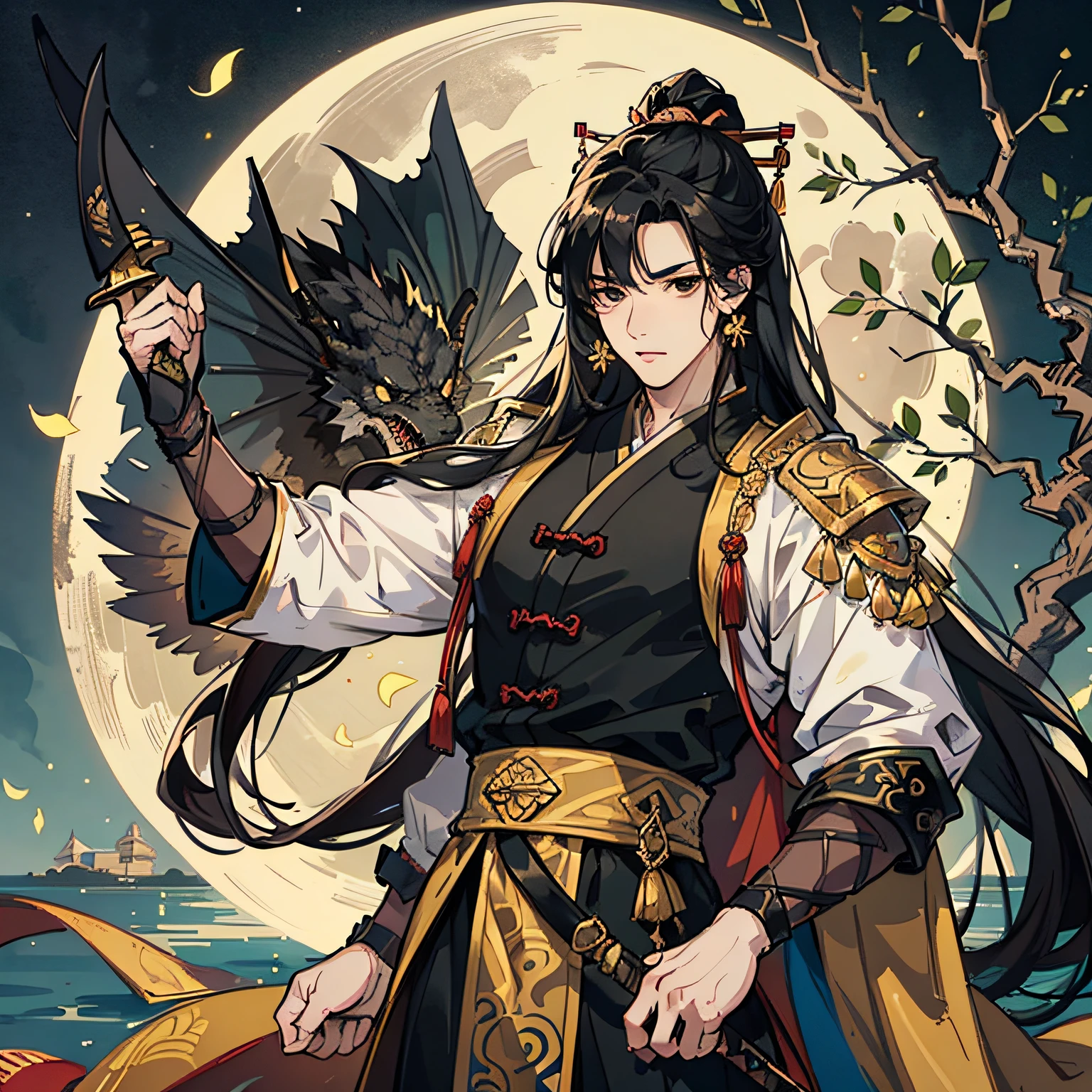Masterpiece, Excellent, Outdoor, Night, Full Moon, Lakeside, Branches, 1 Man, Mature Male, Chinese Style, Ancient Chinese, Black Hair, Black Eyes, Long Split Hair, Long Bangs, Handsome, Handsome, Masculine, Gentle, Tall, Calm, Black and Gold Mixed Dragon Pattern Prince, A Sword, Delicate Facial Display