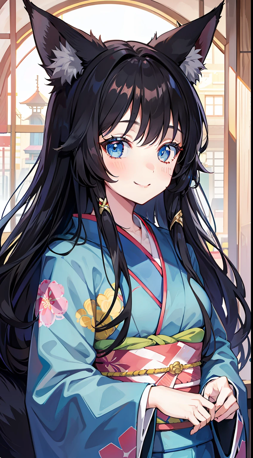 young girl, long curly black hair, Fox ears, Foxtail, blue eyes, open kimono, ssmile, Masterpiece, hiquality
