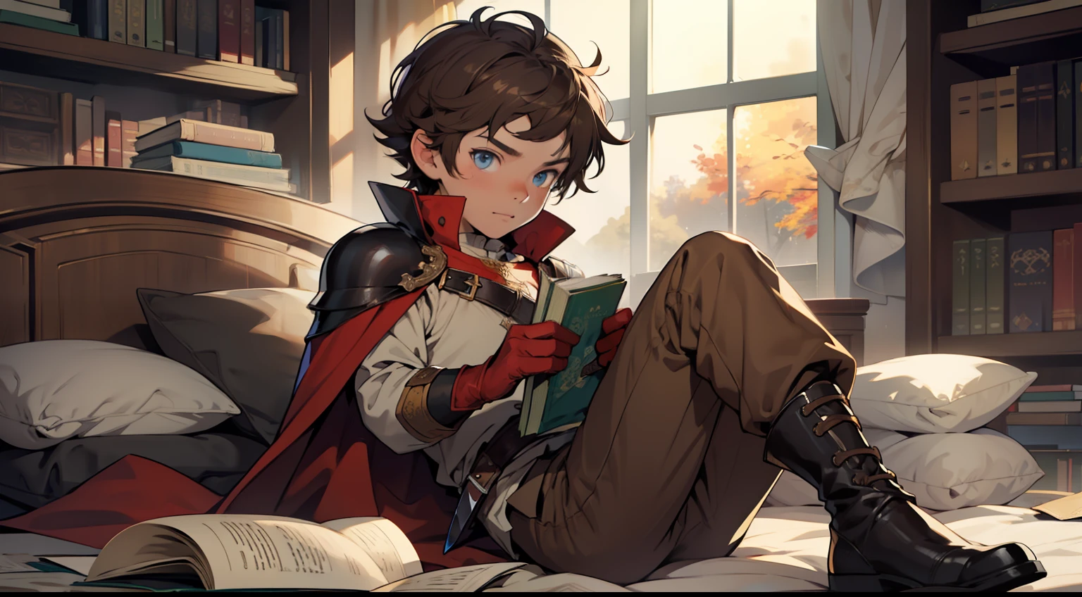 an 8 year old boy,(perfectly detailed face),bright and curious eyes,full body,sideways,character sheet,brown hair,wears a knight's cape,dragon shirt,brown pants,black boots,red gloves holds a toy sword, sitting on his bed, looking at his books, surrounded by books