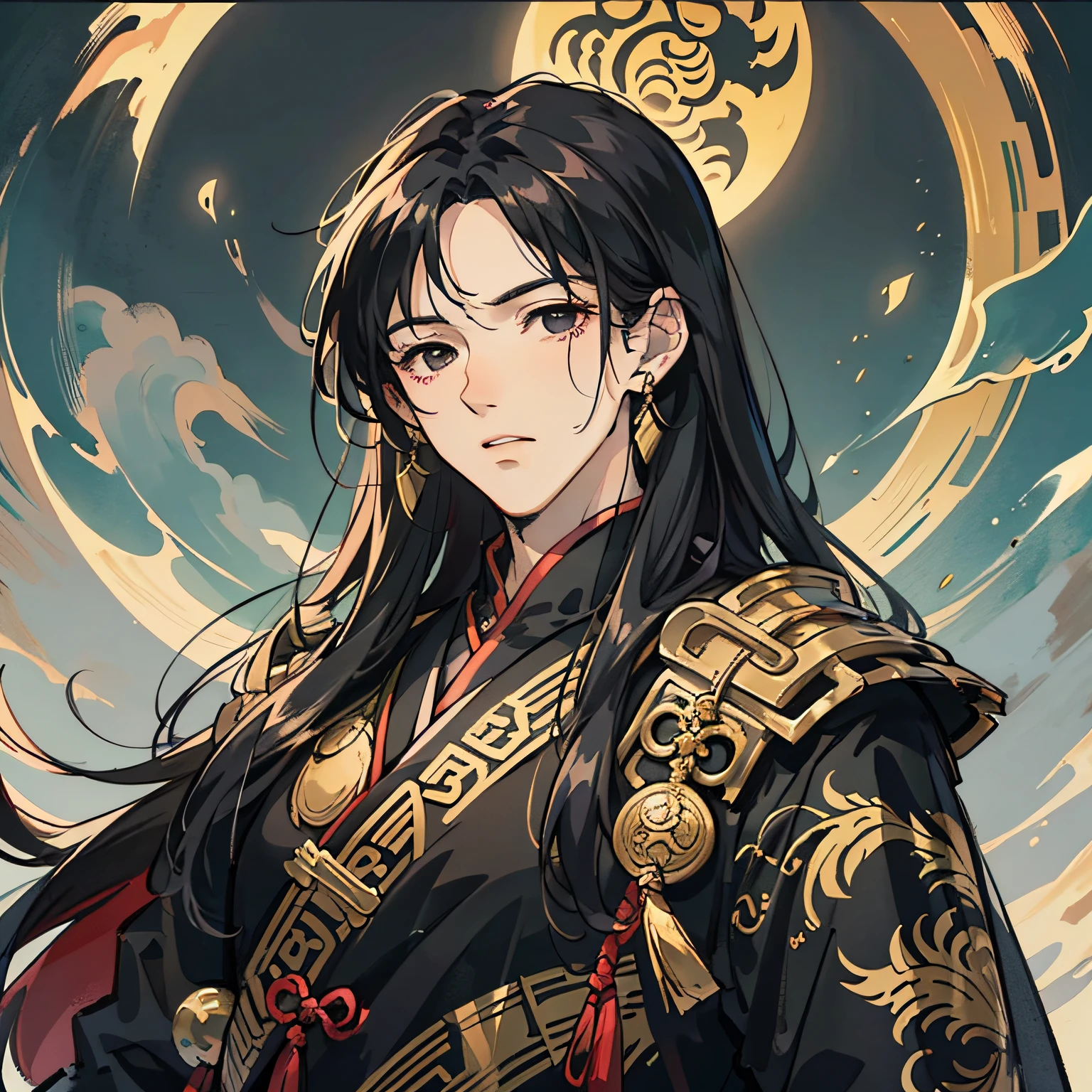 Masterpiece, Excellent, Outdoor, Night, Full Moon, Lakeside, Branches, 1 Man, Mature Male, Chinese Style, Ancient Chinese, Black Hair, Black Eyes, Long Split Hair, Long Bangs, Handsome, Handsome, Masculine, Gentle, Tall, Calm, Black and Gold Mixed Dragon Pattern Prince, A Sword, Delicate Facial Display