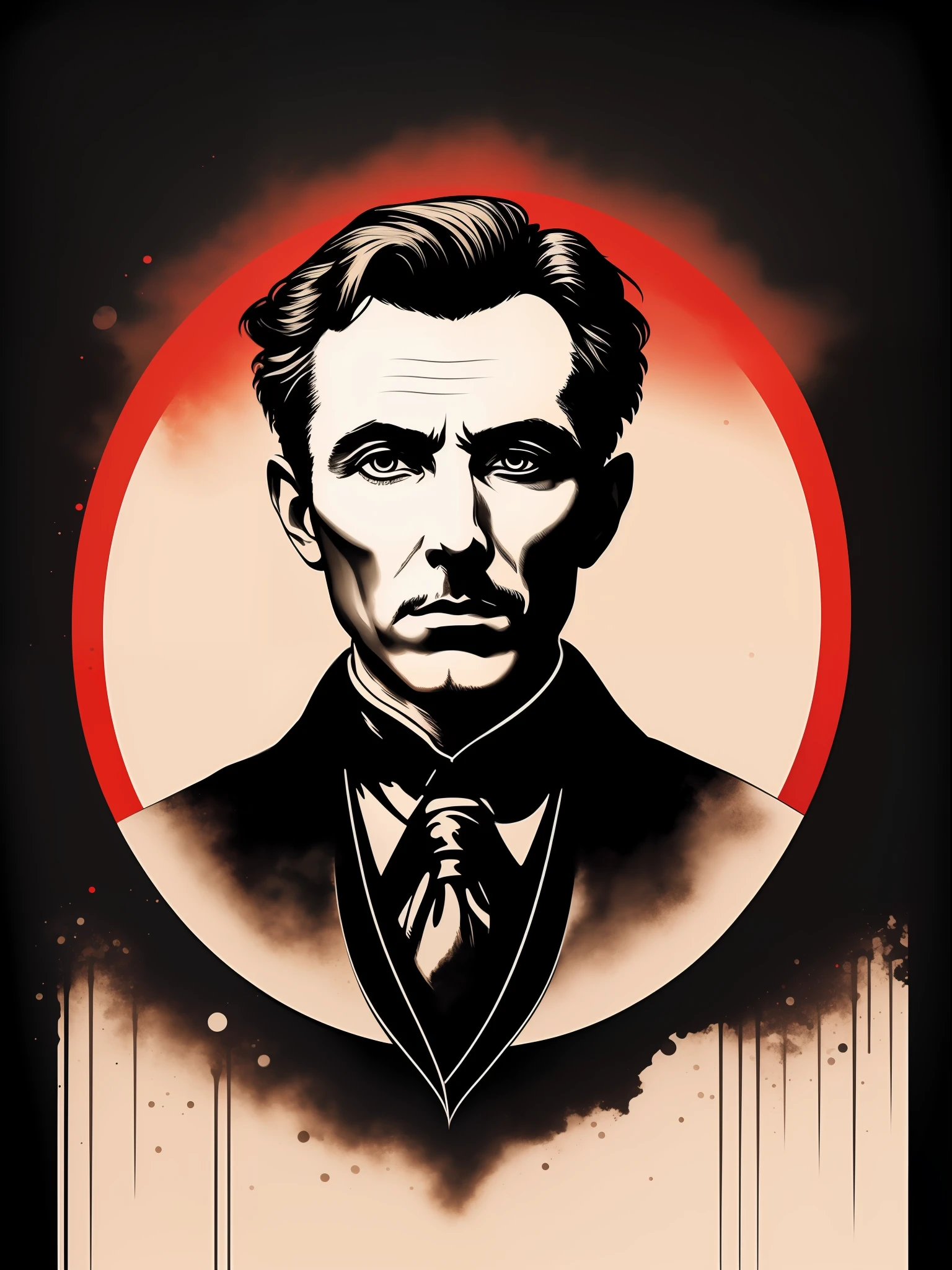 Nikolas Tesla, t-shirt art, 2D, ((black background :1, 5)), vector, vivid colors, masterpiece, best quality, intricate details, perfect symmetrical face, realistic details, gothic theme, rim light, moonlight, cinematic shading, Greg Rutkowisk