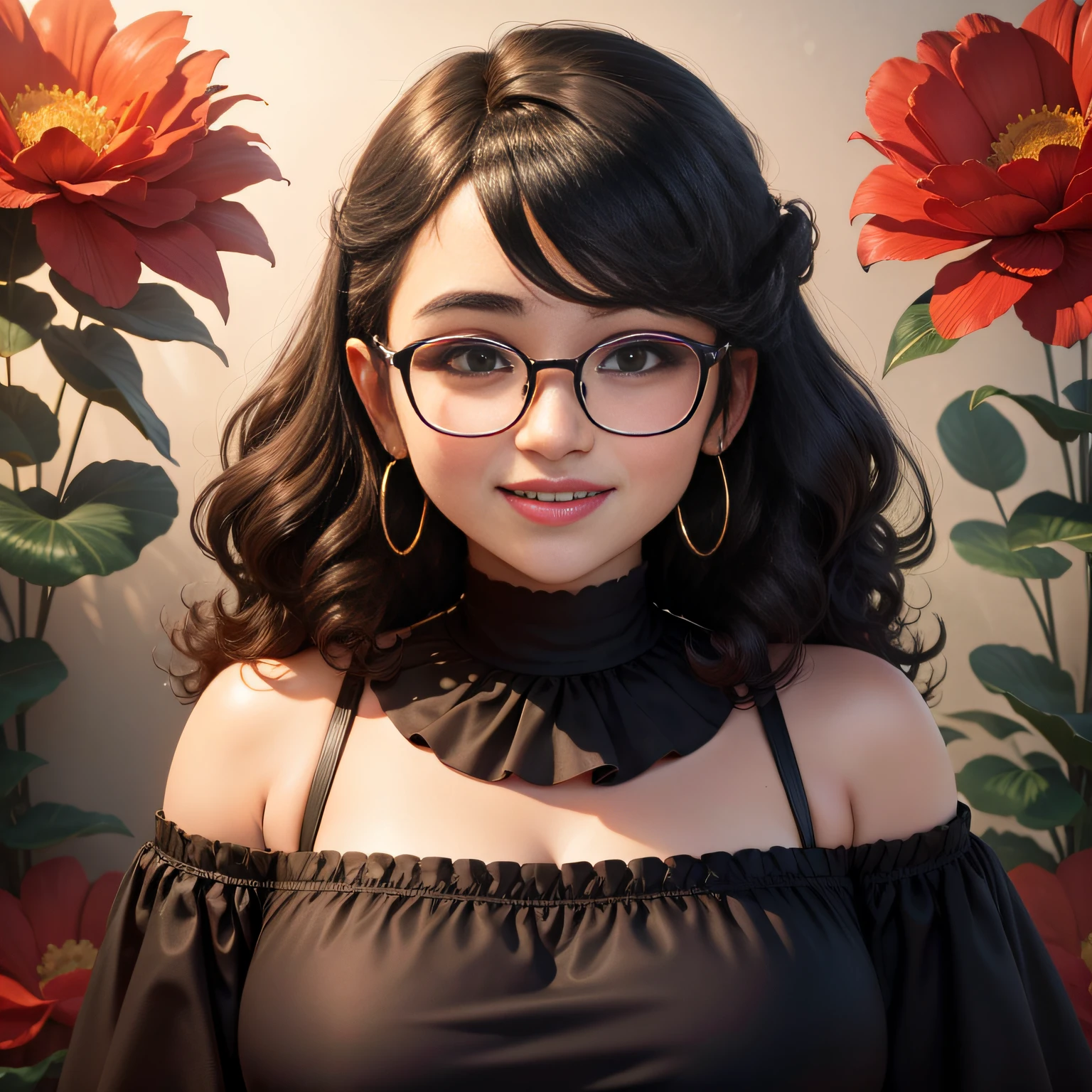 Kizi,designer,Short shoulder-length curly hair,wearing black glasses,largeeyes,exquisite facial features,Slightly fat,Smile sweetly,Flowers in hand,Headsets,Solid background color,8k