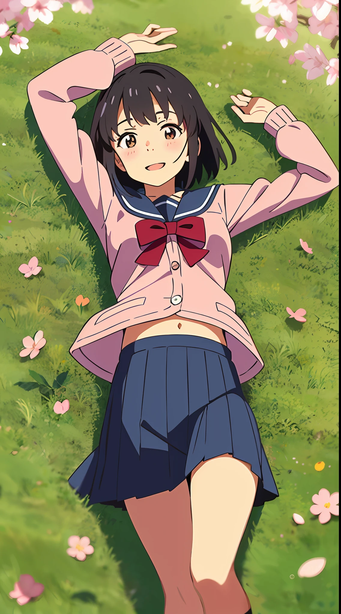 best quality, masterpiece, colorful, beautiful, shinkai makoto, kimi no na wa., 1girl, bangs, black hair, blush, brown eyes, sailor collar, blue sailor collar, sailor color, white sailor color, serafuku, looking at the viewer, cowboy shot, red bow, red headband, red ribbon, school uniform, short hair, full body, medium breasts, smile, cute, solo, shirt, long sleeves, happy, open mouth, blue skirt, pink cardigan, open clothes, brown footwear, arms up, lying, lying on grass, grass, cherry blossom