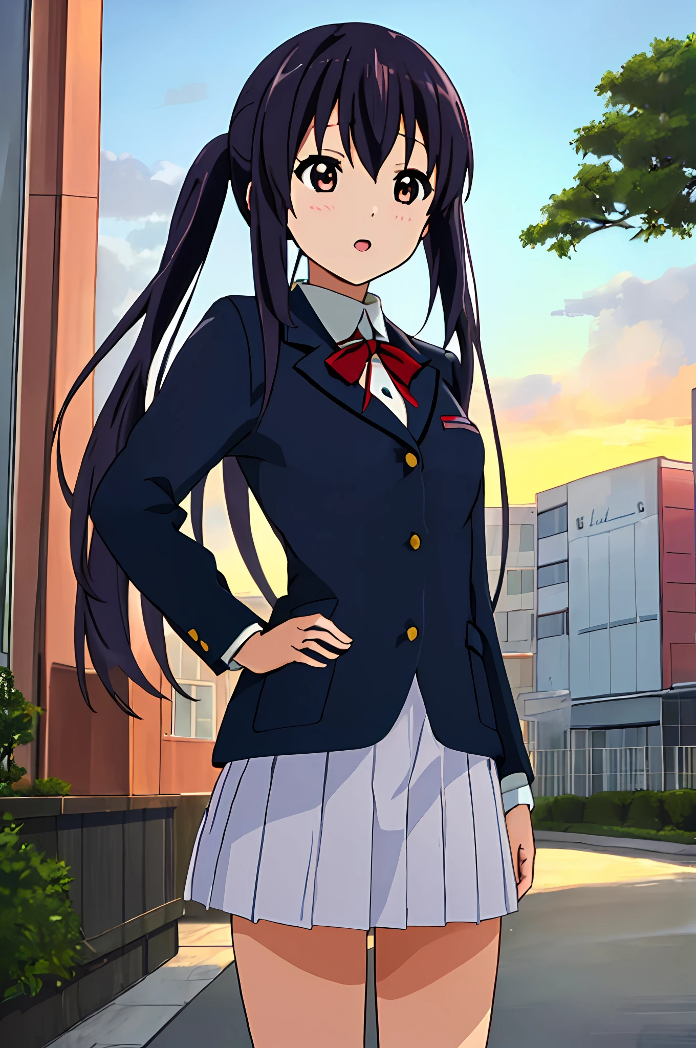 1girl in, (((masterpiece))), top-quality, top-quality, high details, nakano azusa, 1girl in, Sakuragaoka High School Uniform, student clothes, Twin-tailed, length hair, A dark-haired, Brown-eyed, 独奏, reddish, Dark blue blazer with thin red ribbon, Solid white buttoned shirt under blazer, illustratio, comic strip, Soothing tones, Subdued Color, Soft cinematic light, adobe lightroom, Photolab, nffsw, intricately and hyper-detailed、(((depth of fields))))。(((masterpiece)))。(((top-quality))).)((ultra-detailliert)))。(((illustratio)))。(((takeout))).Dynamic Focus.big breasts.(((highrise buildings))).(((A city scape))).(((Face of sadness))). Open mouth.(((put hands on the hip))).(((up chest))).((evening glow)).((the setting sun)).