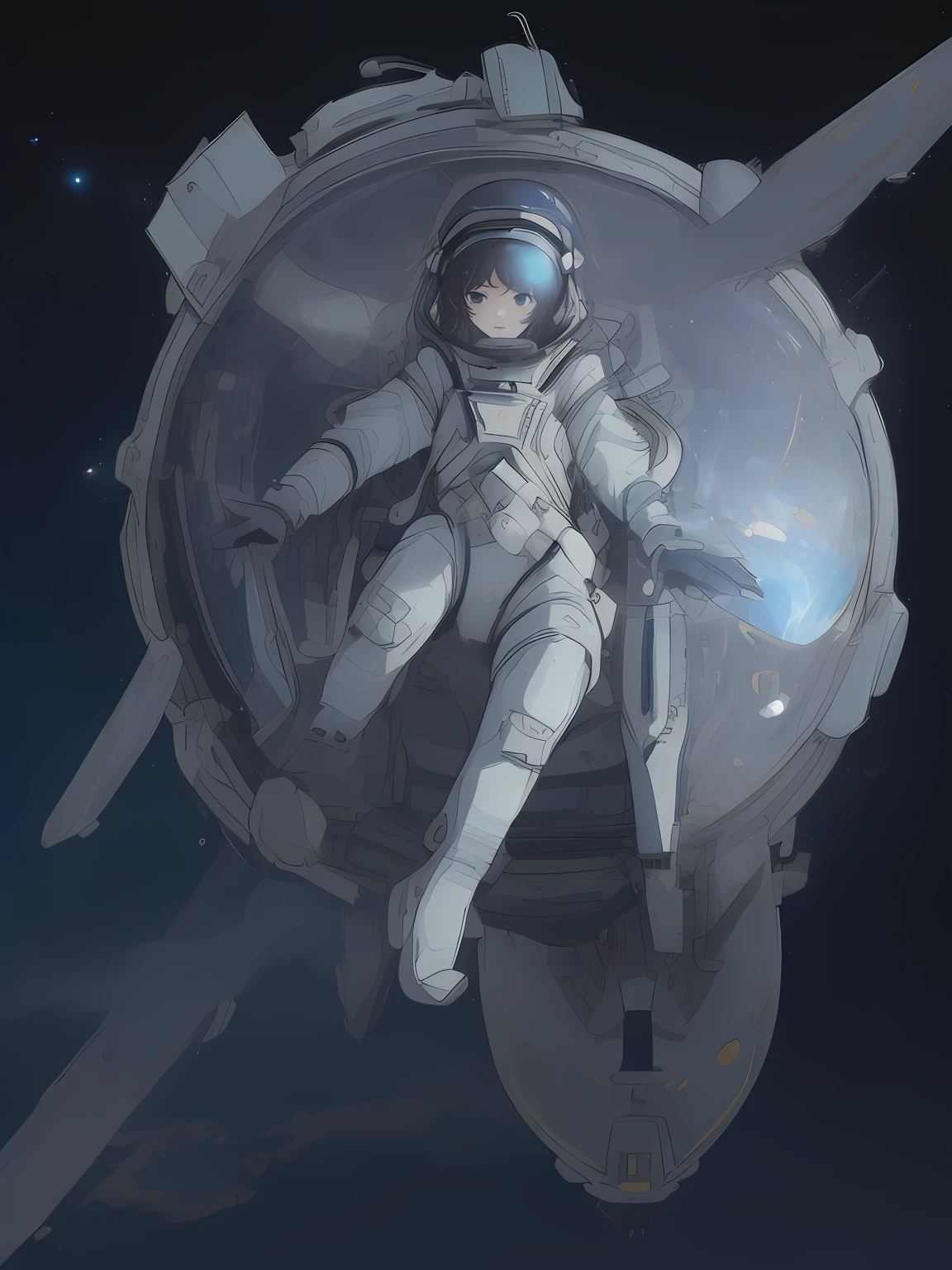 (((masterpiece,best quality,an extremely delicate and beautiful,illustration))),(dynamic angle, medium long shot),((a cute_detailed_girl in spacesuit,beautiful_detailed_face in aerospace_helmet)),(((full body))),(disheveled hair:0.3),(((clouds:0.3),multiple_luna,(floating_fortress technology machinery),night sky background)),(cyberpunk_aerospace_helmet), 
(perspective:1.2),