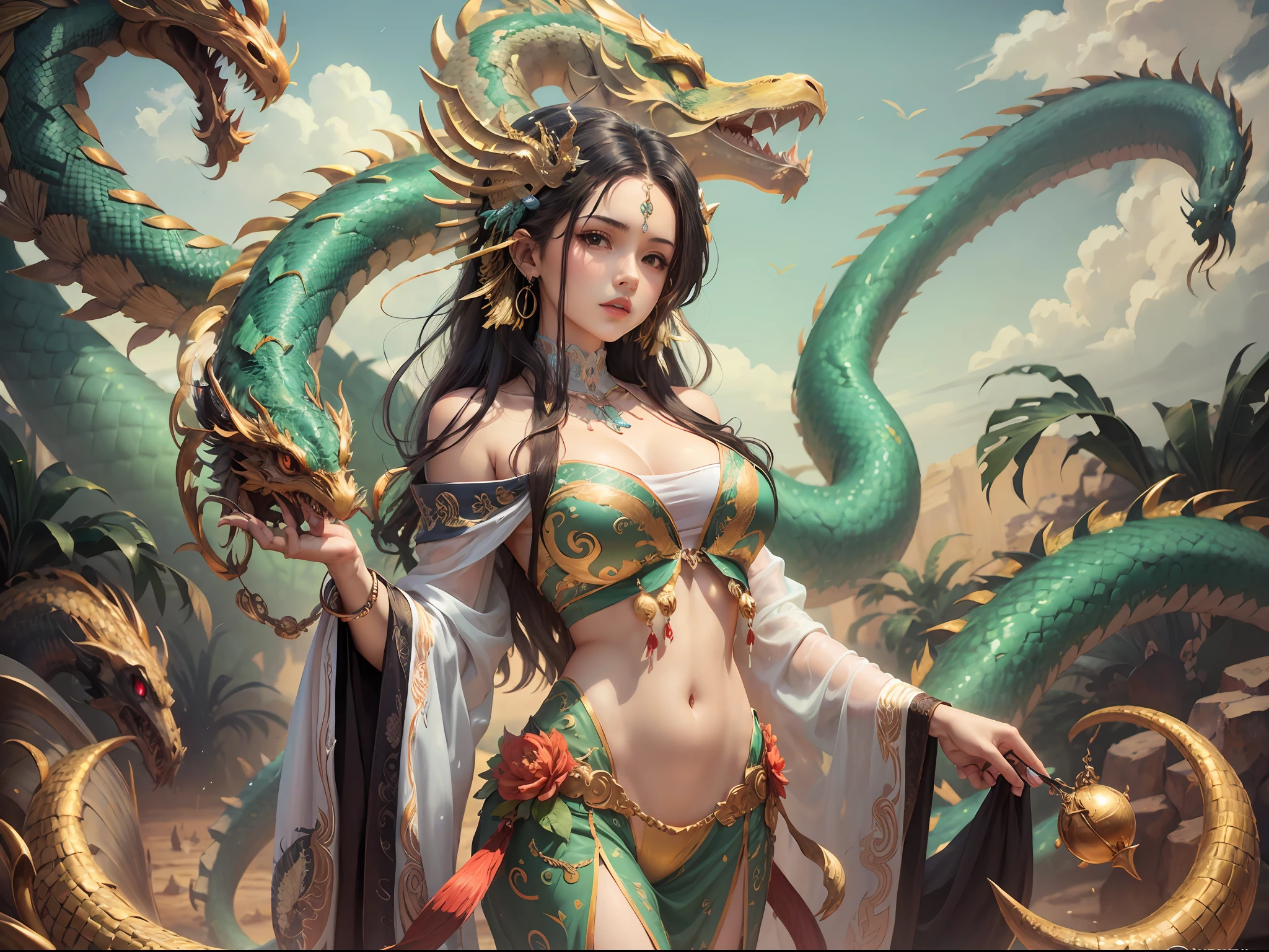 Obra maestra, La mejor calidad, {La mejor calidad}, {{Obra maestra}}, {Altas Resoluciones}, anime, 1girl, mujer adulta, atractivo, exotic, quetzalcoatl, Kukulkan, Dios Serpiente, Dragon, serpiente, plumas voladoras, plumaje, Azteca, oro, oro, trueno, trueno