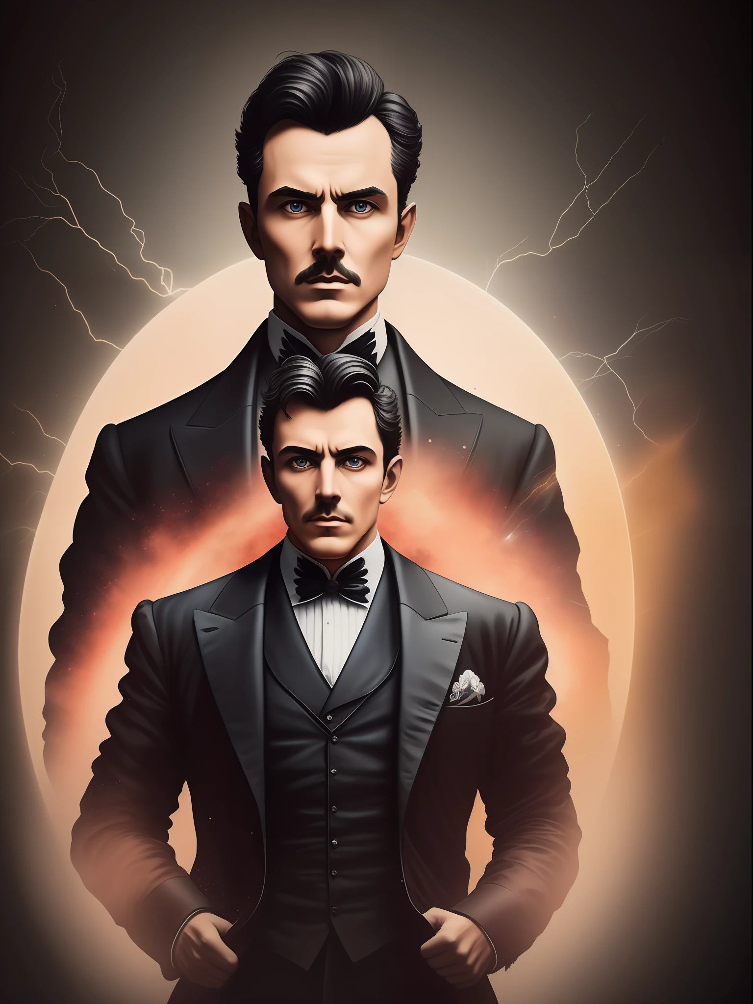 Nikolas Tesla, arte da camiseta, 2D, ((fundo preto: 1, 5)), vetor, cores vivas, obra-prima, melhor qualidade, detalhes intrincados, perfect symmetrical face, detalhes realistas, gothic theme, luz de aro, luar, cinematic shading, Greg Rutkowisk