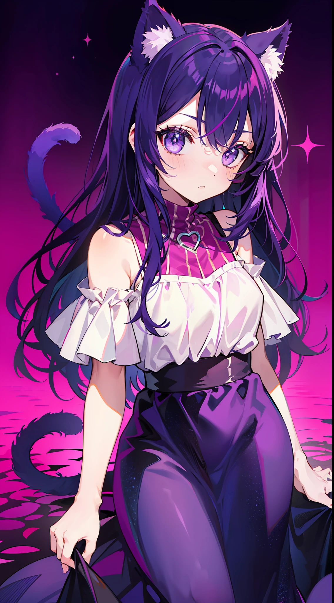 A Little Girl, Shoulders Long Hair, Purple Hair, Small Purple Cat Ears, A Purple Cat Tail, long dress beautiful, Amine Style