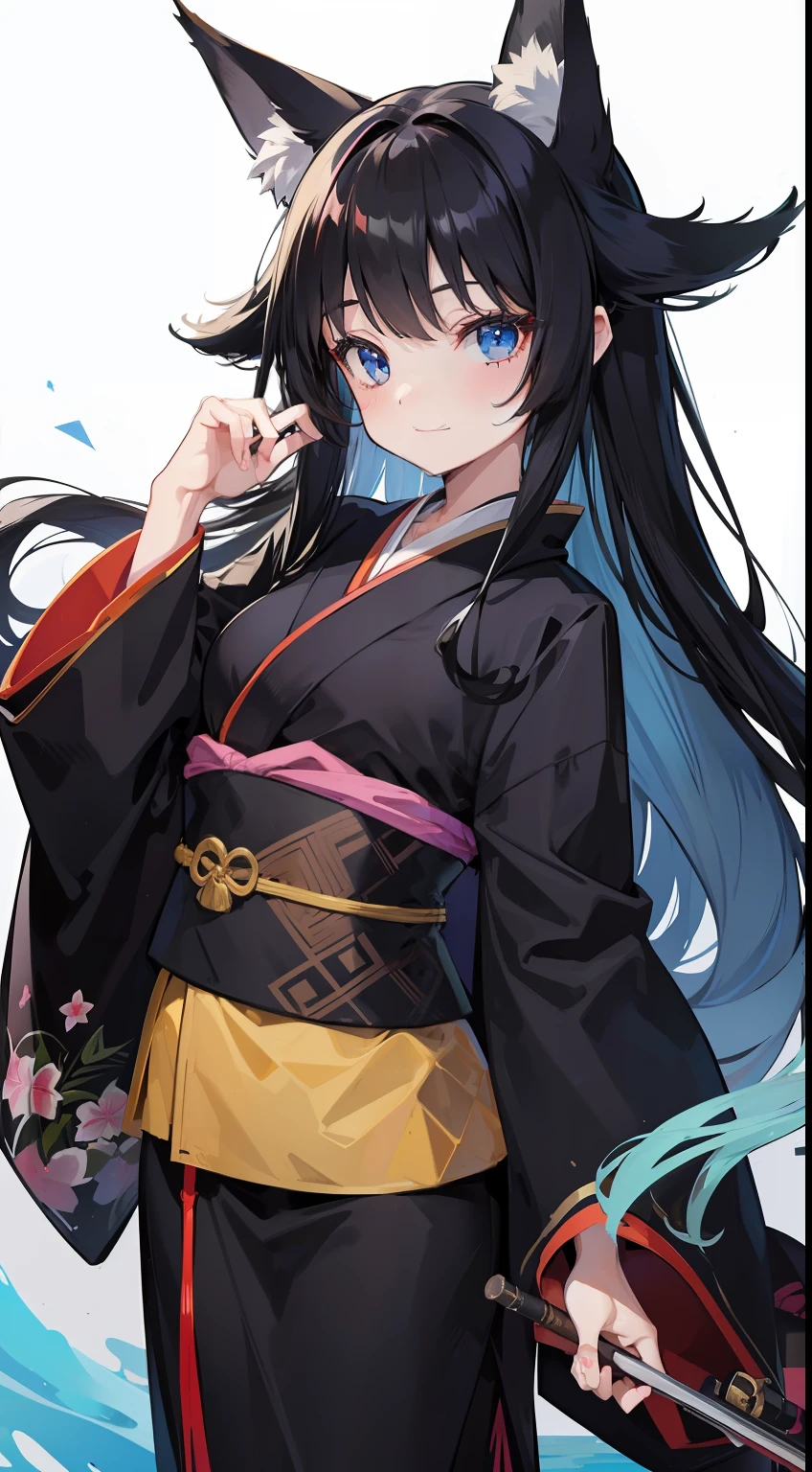 young girl, long curly black hair, Fox ears, Foxtail, blue eyes, open kimono, ssmile, Masterpiece, hiquality