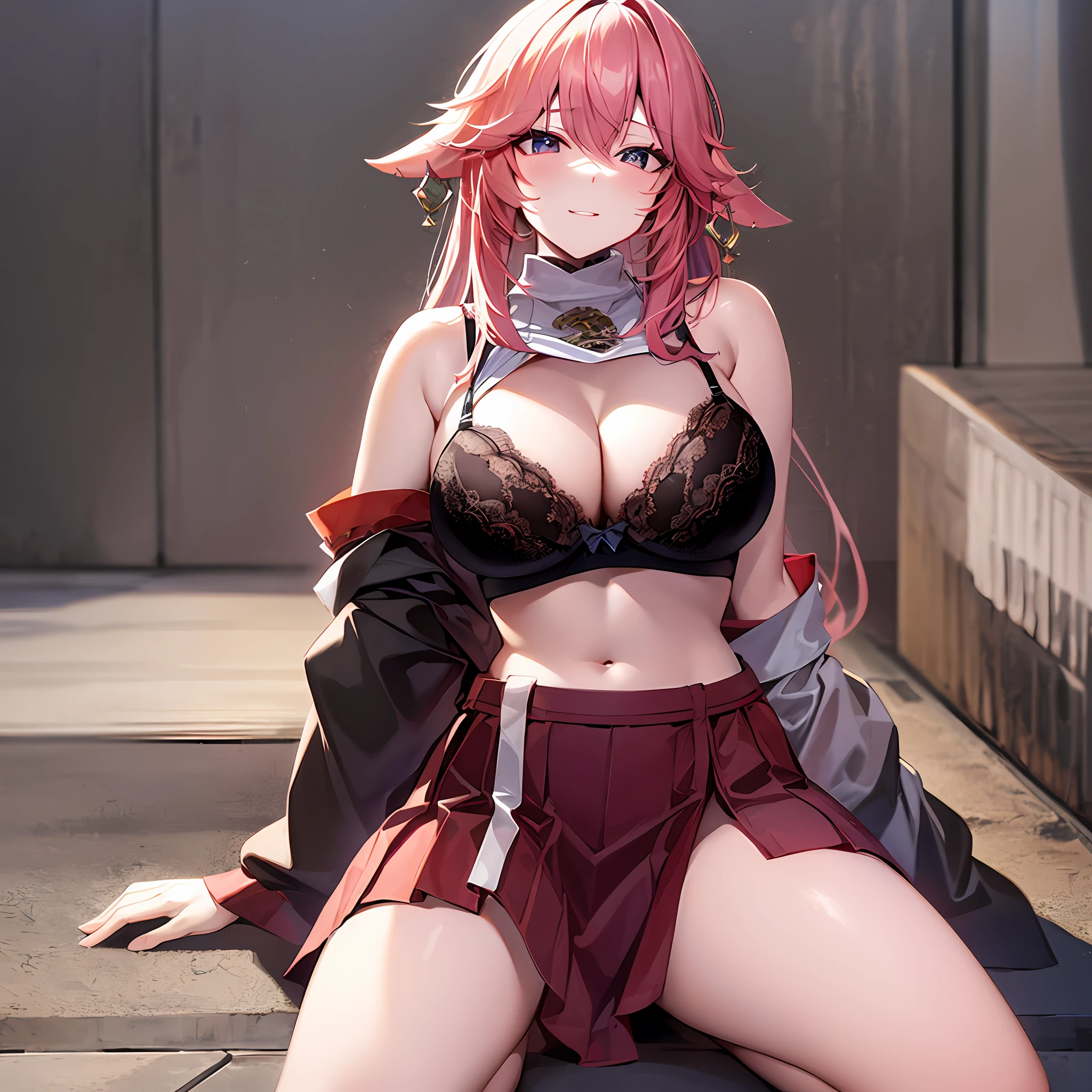 1Yae miko, large breasts,, cleavage, navel, t-shirt, ((bra)),clothes lift, skirt, lying, full Body,sexy body,sitting