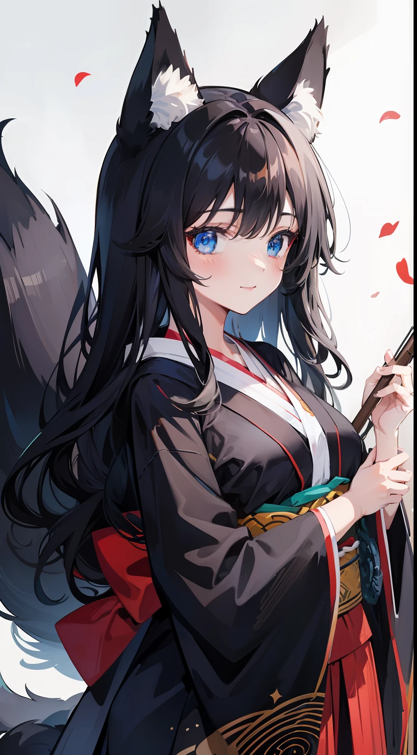 young girl, long curly black hair, Fox ears, Foxtail, blue eyes, open kimono, ssmile, Masterpiece, hiquality