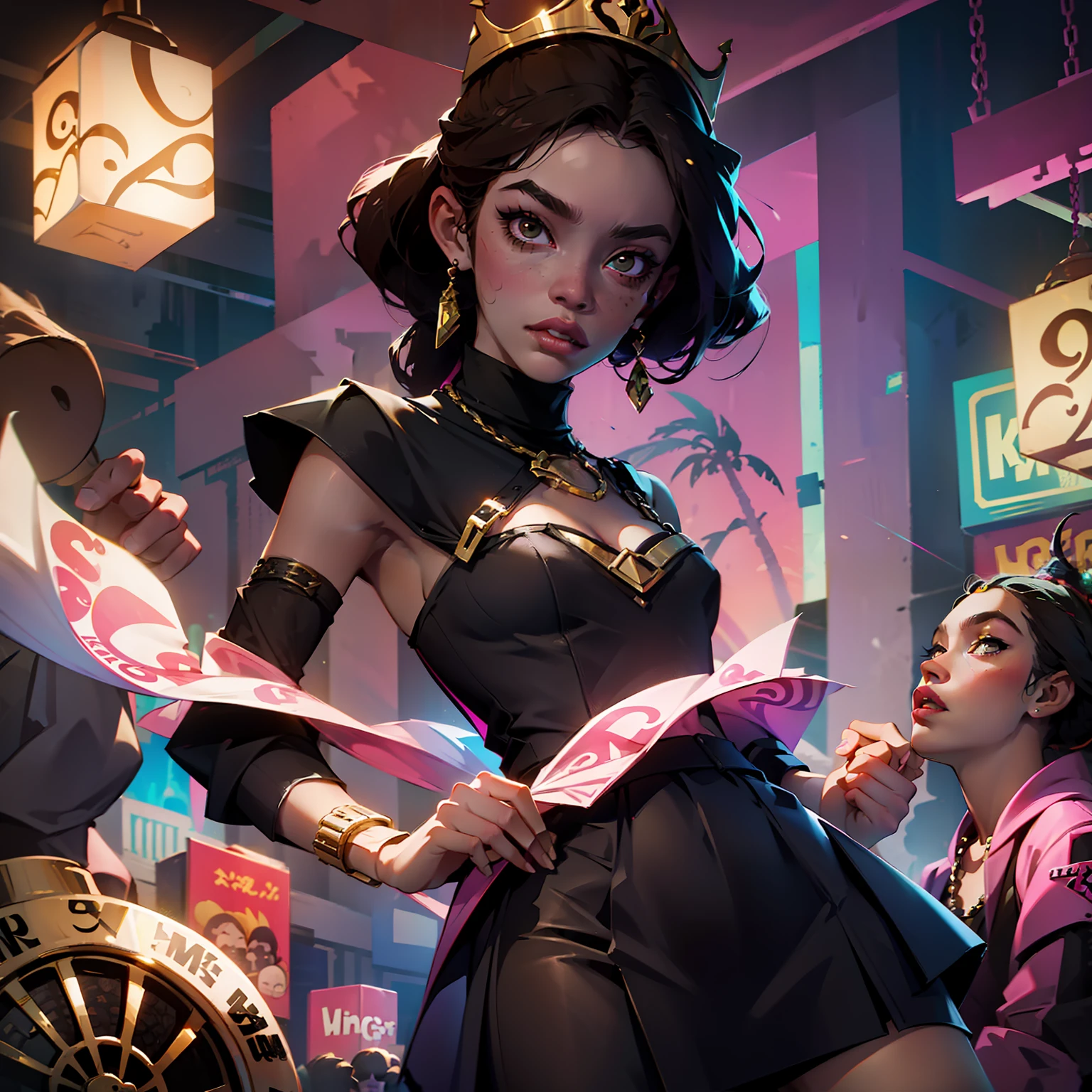 Rich hip hop girl monkey with a lot of money, Gorgeous hotel-casino background, Wearing a miniskirt and a cool top., Female face monkey + gorilla + King Kong Mask Face, Delicate and colorful monkey gorilla King Kong female face wearing mask, Fortnite Style