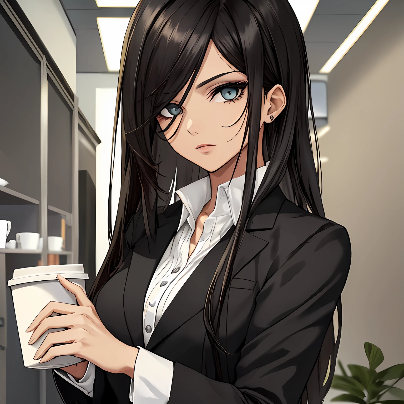 personagem de terno preto, feminina, holding a cup of coffee, olhos verdes, cabelos marrom, dark circles in the eyes in an office