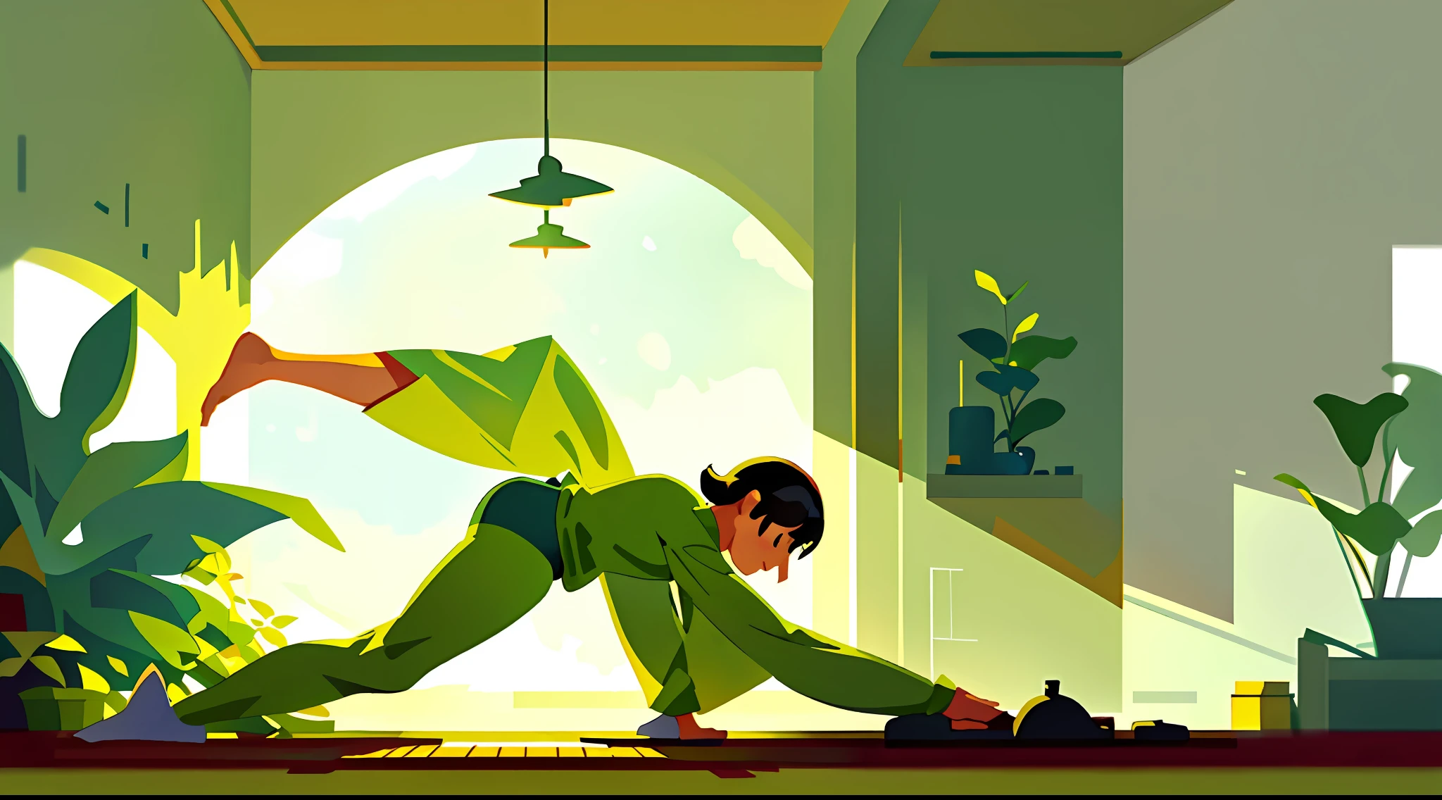 A young girl in indoor yoga，Simple light background，Green plant decoration，Character medium view，Horizontal perspective，Right-side composition of characters