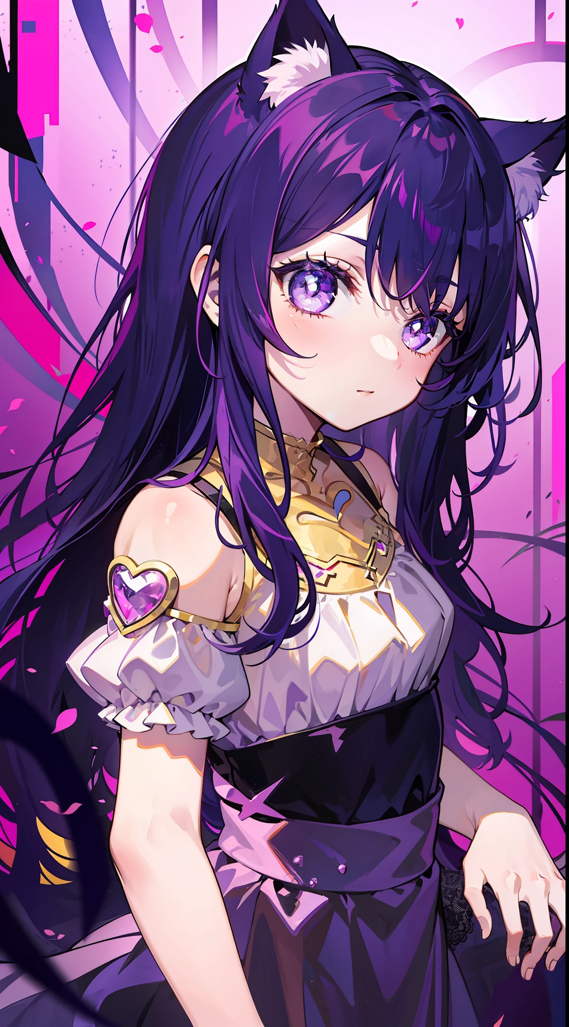 A , Shoulders Long Hair, Purple Hair, Small Purple Cat Ears, A Purple Cat Tail, long dress beautiful, Amine Style