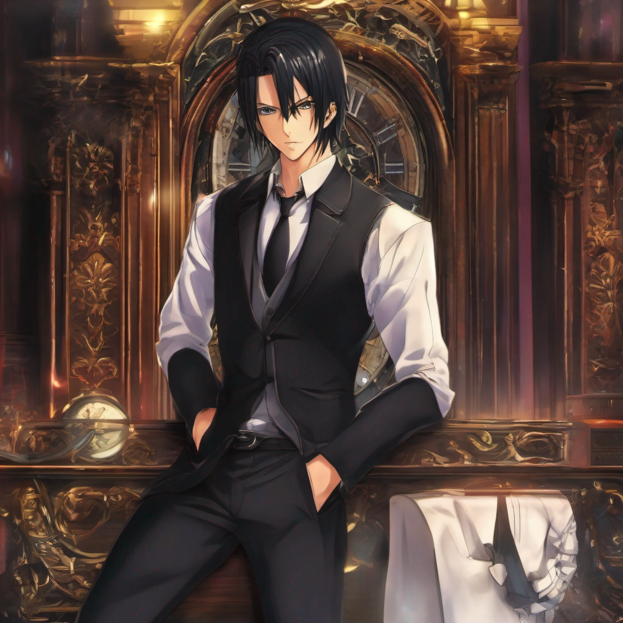 (((corpo inteiro))) Personagem de anime em um terno, amarrar, Pants and shoes, standing in front of a clock, sebastian michaelis, Ikuto Yamashita, inspired by Munakata Shikō, imagem de anime shuushuu, Okata Kazuto.., visual chave anime de elegante, anime", Vampiros de anime, ( ( ( anime ) ) ), O vampiro, Katekyo Hitman Renascido