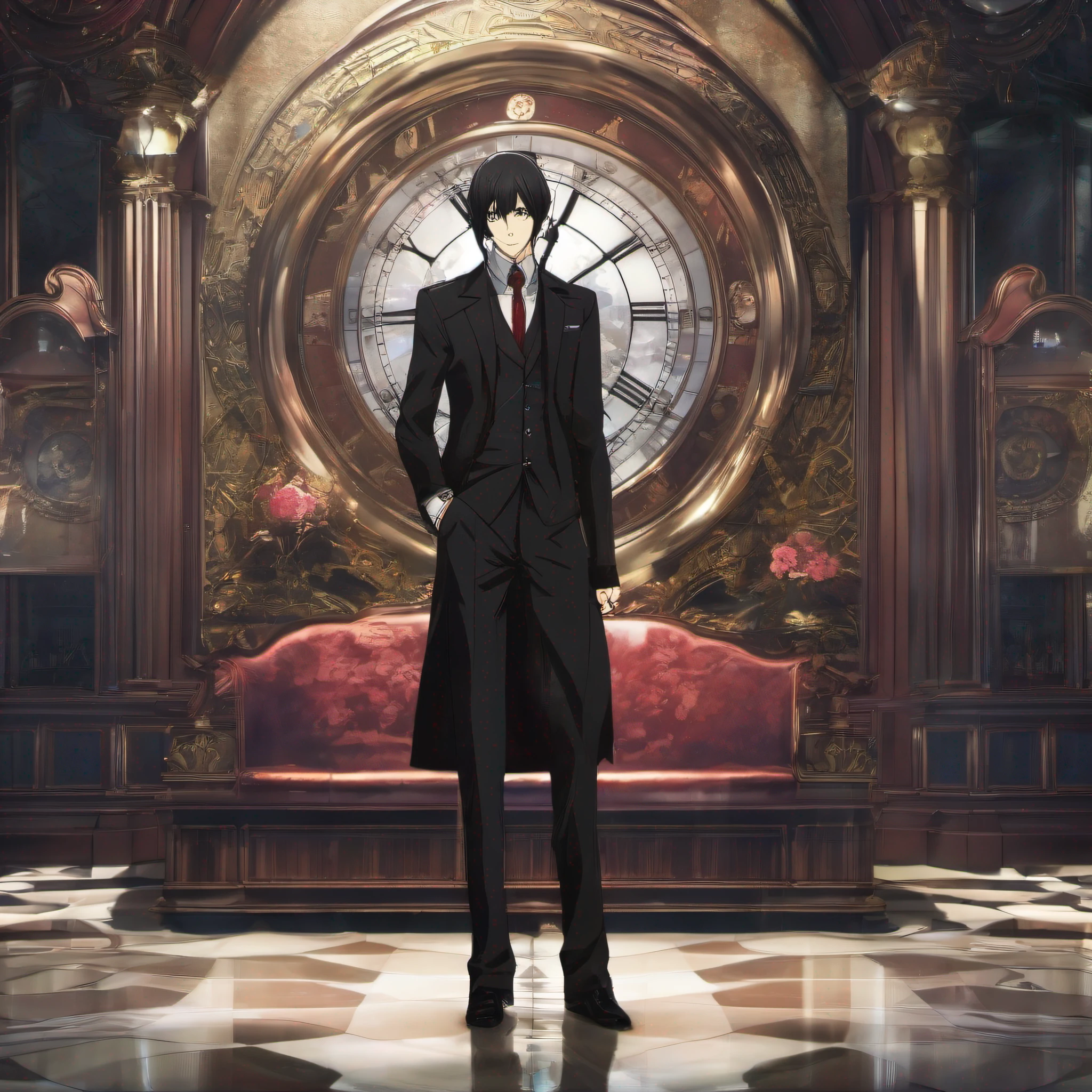 (((corpo inteiro))) Personagem de anime em um terno, amarrar, Pants and shoes, standing in front of a clock, sebastian michaelis, Ikuto Yamashita, inspired by Munakata Shikō, imagem de anime shuushuu, Okata Kazuto.., visual chave anime de elegante, anime", Vampiros de anime, ( ( ( anime ) ) ), O vampiro, Katekyo Hitman Renascido