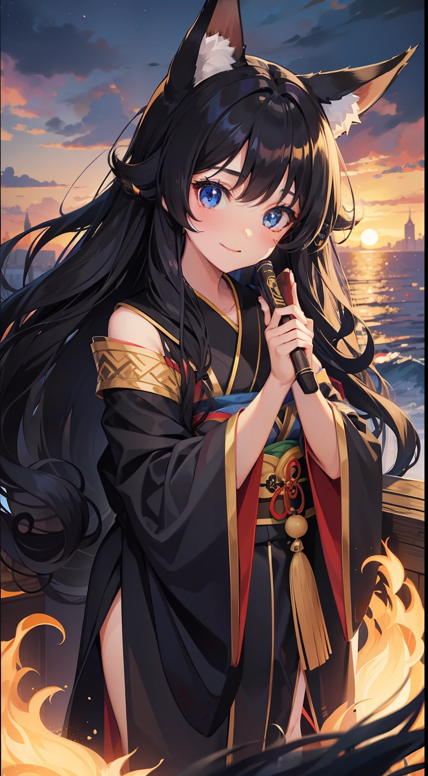 young girl, long curly black hair, curls, Fox ears, Foxtail, blue eyes, open kimono, ssmile, Masterpiece, hiquality