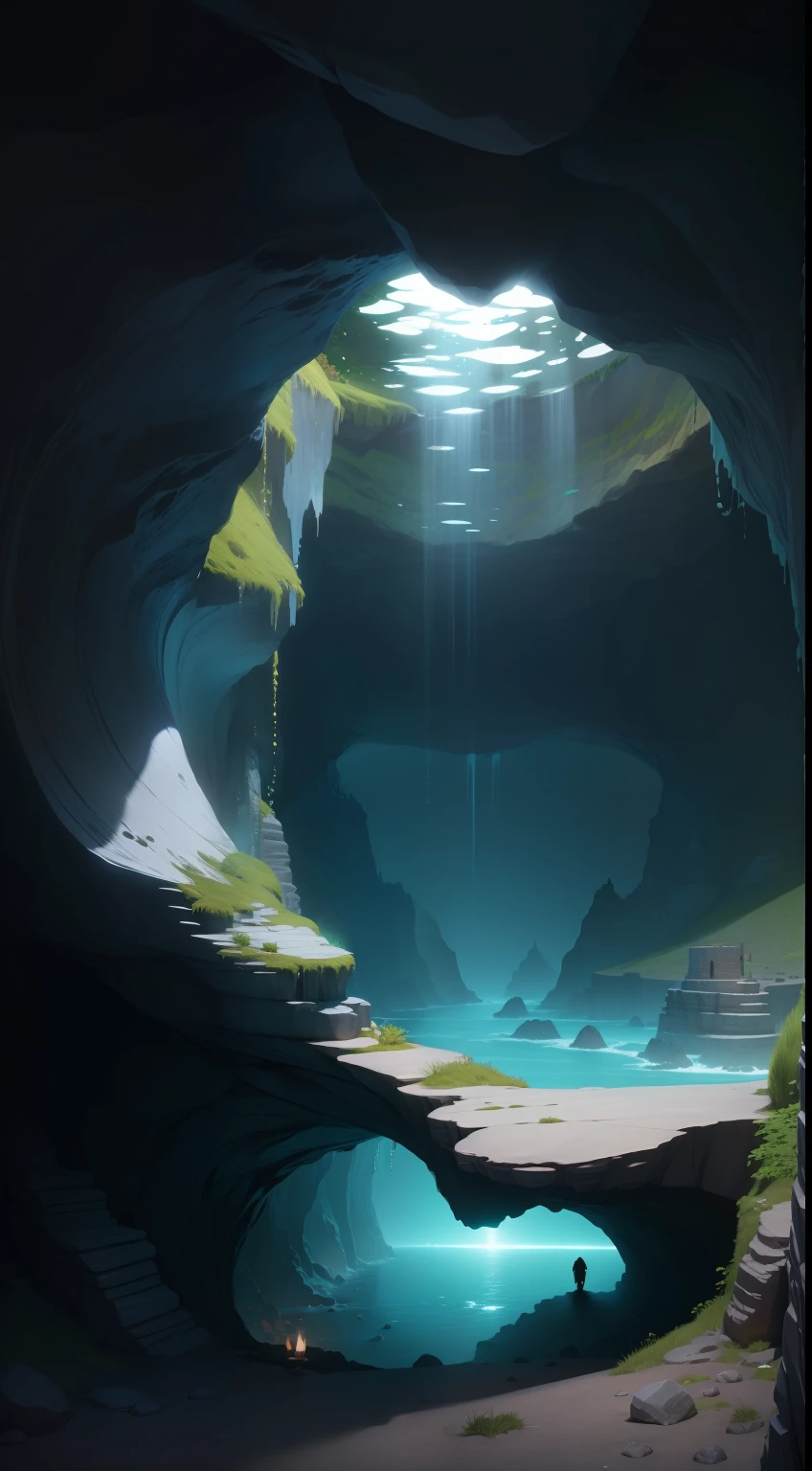 A cave, under the water, with some shimmering hues.
