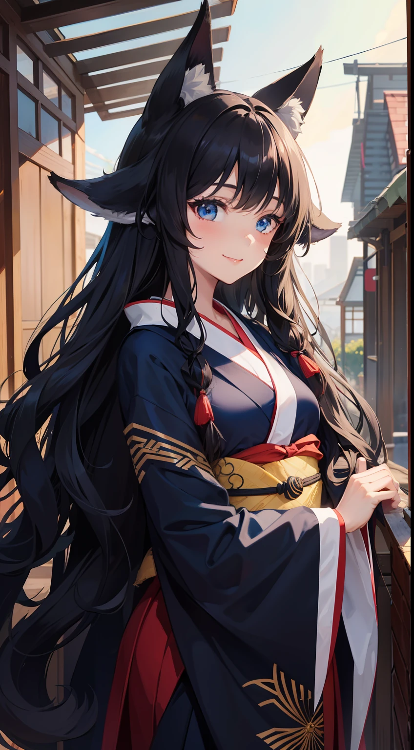 young girl, long curly black hair, curls, Fox ears, Foxtail, blue eyes, open kimono, ssmile, Masterpiece, hiquality