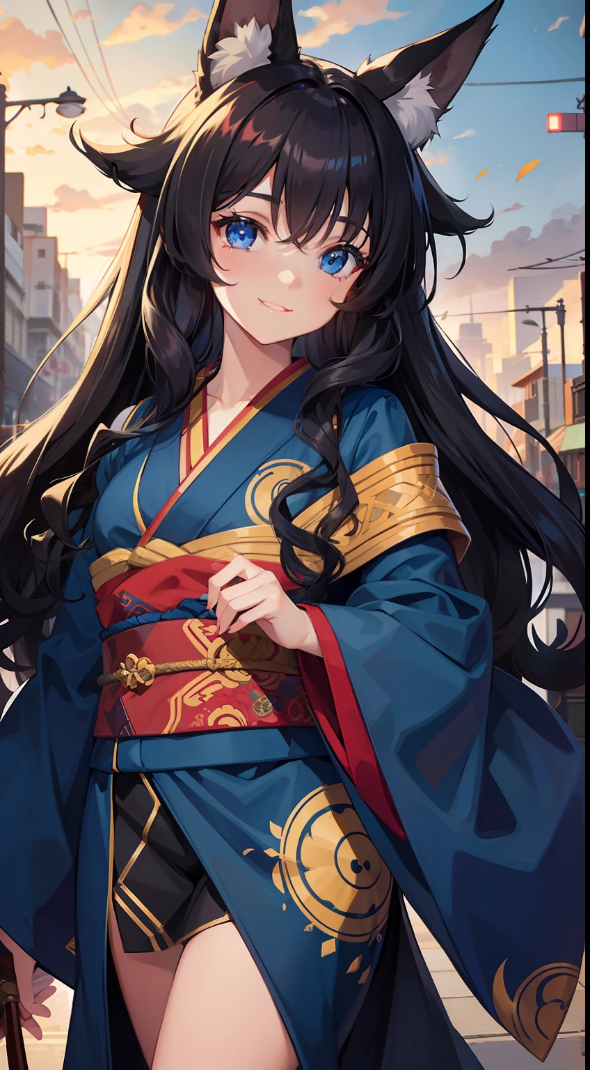 young girl, long curly black hair, curls, Fox ears, Foxtail, blue eyes, open kimono, ssmile, Masterpiece, hiquality