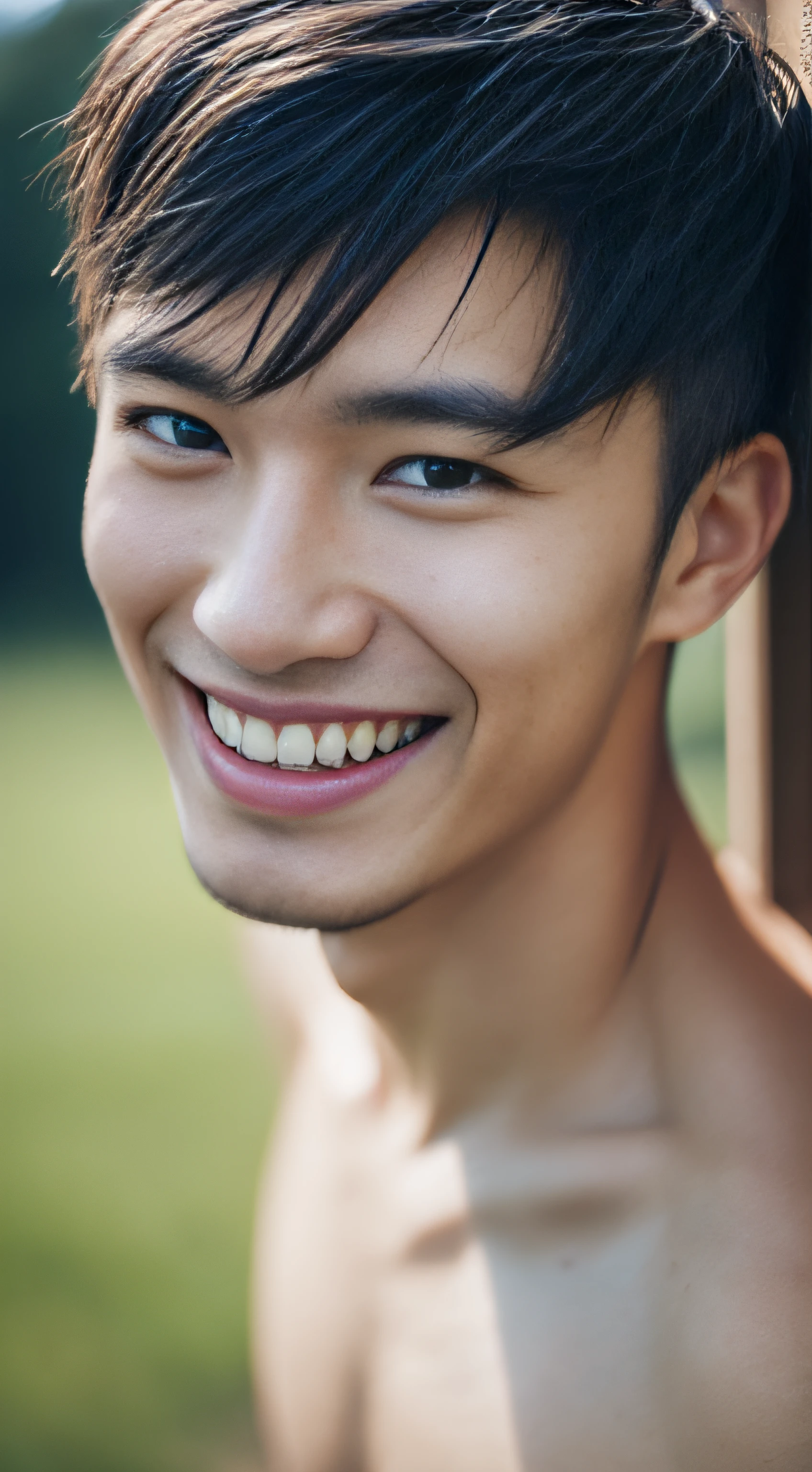 Asian Male, about 25 years old, smile, sharp focus, detailed face, detailed eyes, half body, summer, shirtless, wonderful, camping, view from front