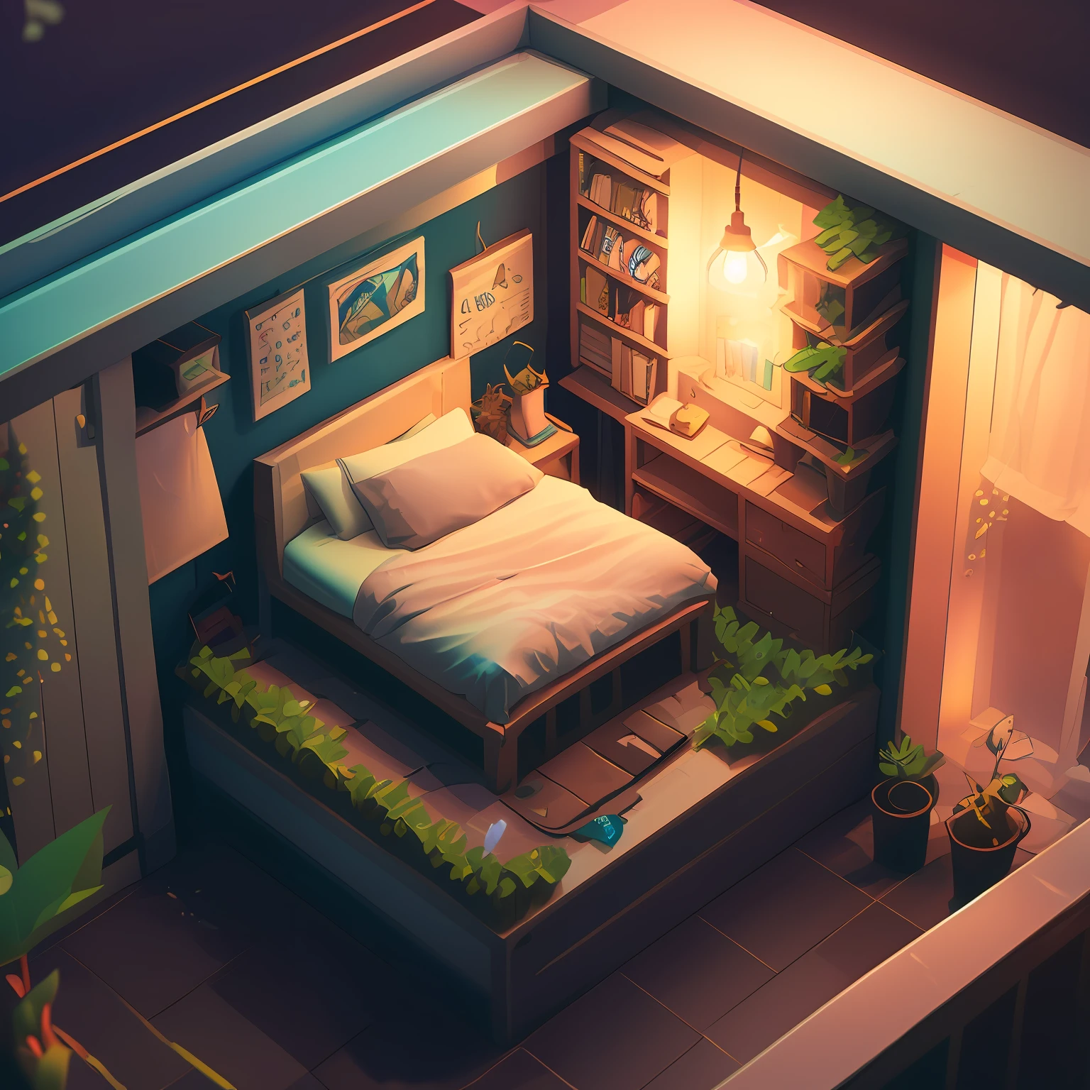 a room with a bed and a desk in it, a low poly render, inspired by Cyril Rolando, pixel art, beautiful isometric garden, underwater in the ocean at night, small and cosy student bedroom, inside a child's bedroom, organic isometric design, portfolio illustration, cute detailed artwork, beeple rendering, blurred and dreamy illustration