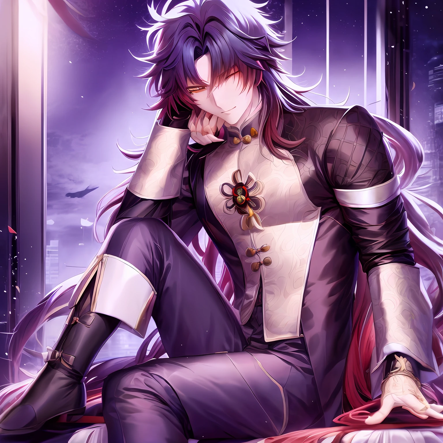 anime - style image of a man sitting on a bed with his hands on his face, handsome guy in demon slayer art, handsome anime pose, handsome prince, beautiful androgynous prince, inspired by Okumura Masanobu, highly detailed exquisite fanart, anime handsome man, badass anime 8 k, masamune shiro, detailed fanart, male anime character, red, maple, maple leaves