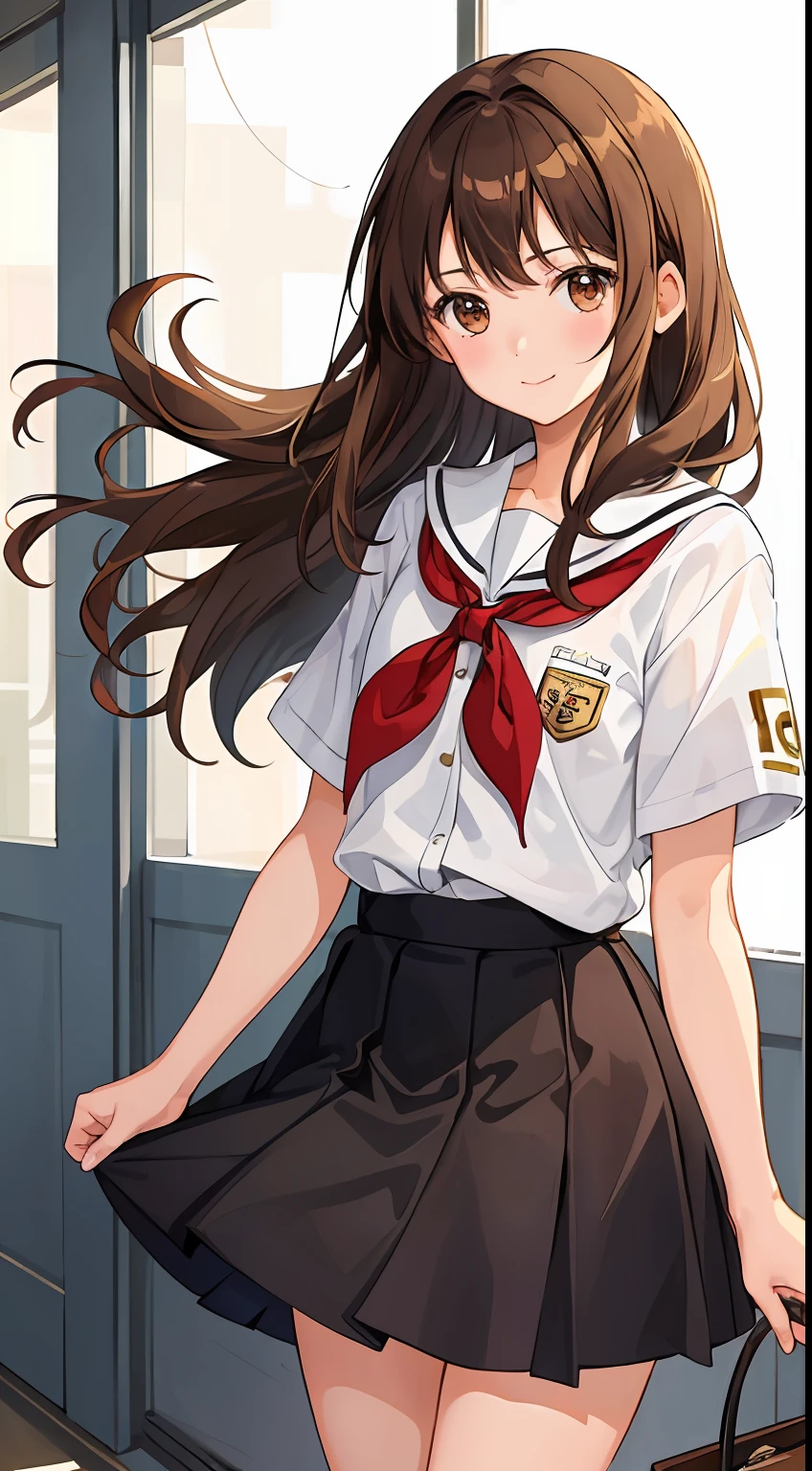 1girl,brown hair,brown eyes,school girl,short sleeve,,cowboyshot,glay color background,light smile,