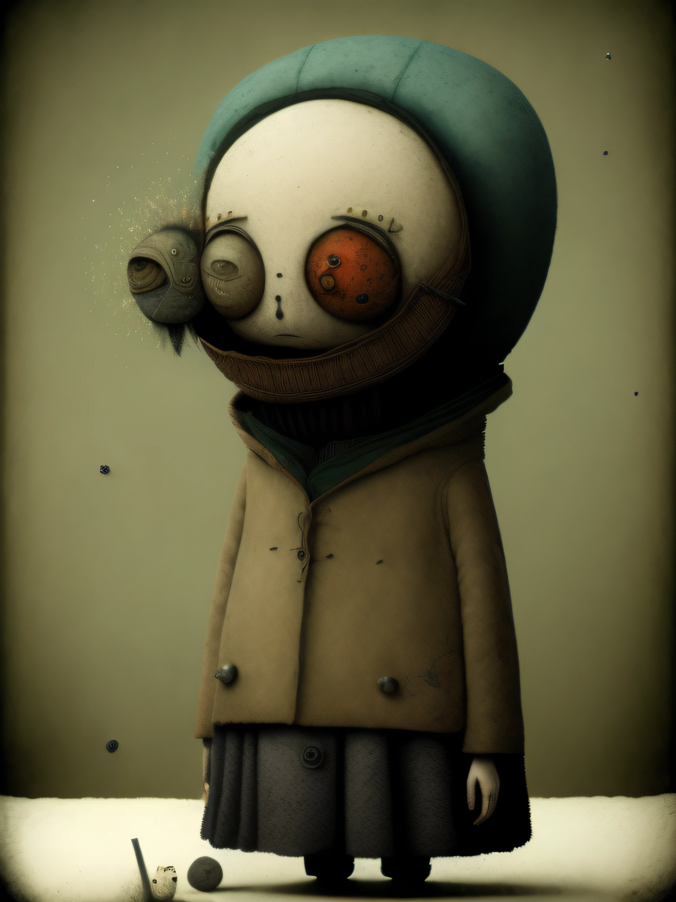 mujeres alas de angel  con personajes de dibujos animados vestidos con abrigos y sombreros , Anton Semenov, Personajes de Maquinarium, Pupilas dot, Tres ojos, Seis de Little Nightmares, 3 cabezales, Tres cabezas, sonrisas espeluznantes, Tres ojos, Somber, por Yi Inmun, por Tadeusz Brzozowski, pocos globos oculares, horripilante!!, Arte conceptual post grunge