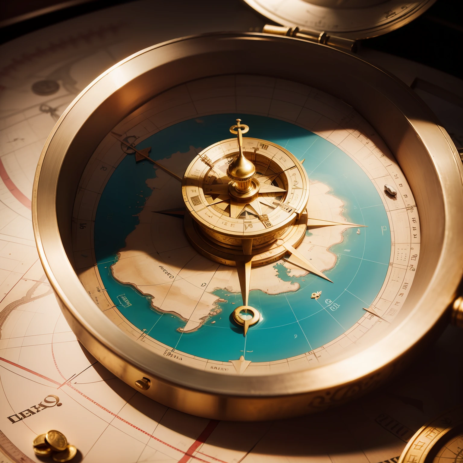 An ancient map with a compass pointing to an island filled with gold coins, cercado por elementos do Marketing Digital.