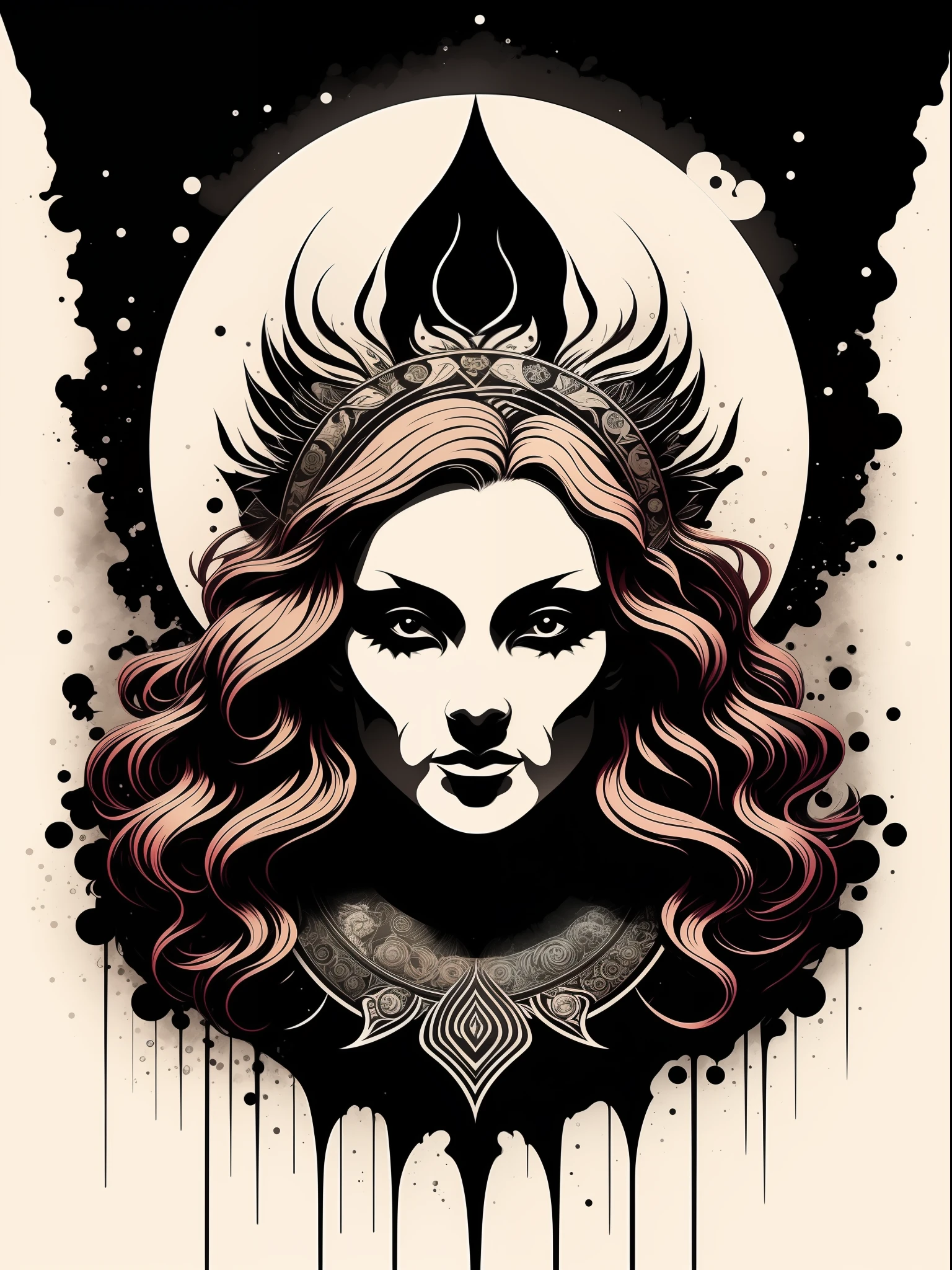 freyja, t-shirt art, 2D, ((black background :1, 5)), vector, vivid colors, masterpiece, best quality, intricate details, perfect symmetrical face, realistic details, gothic theme, rim light, moonlight, cinematic shading, Greg Rutkowisk