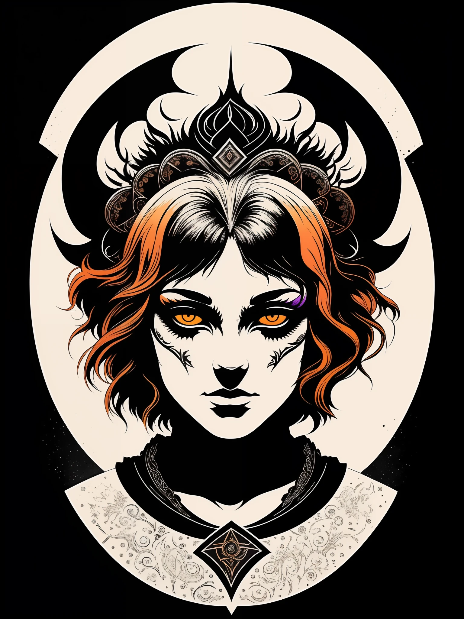 freyja, t-shirt art, 2D, ((black background :1, 5)), vector, vivid colors, masterpiece, best quality, intricate details, perfect symmetrical face, realistic details, gothic theme, rim light, moonlight, cinematic shading, Greg Rutkowisk