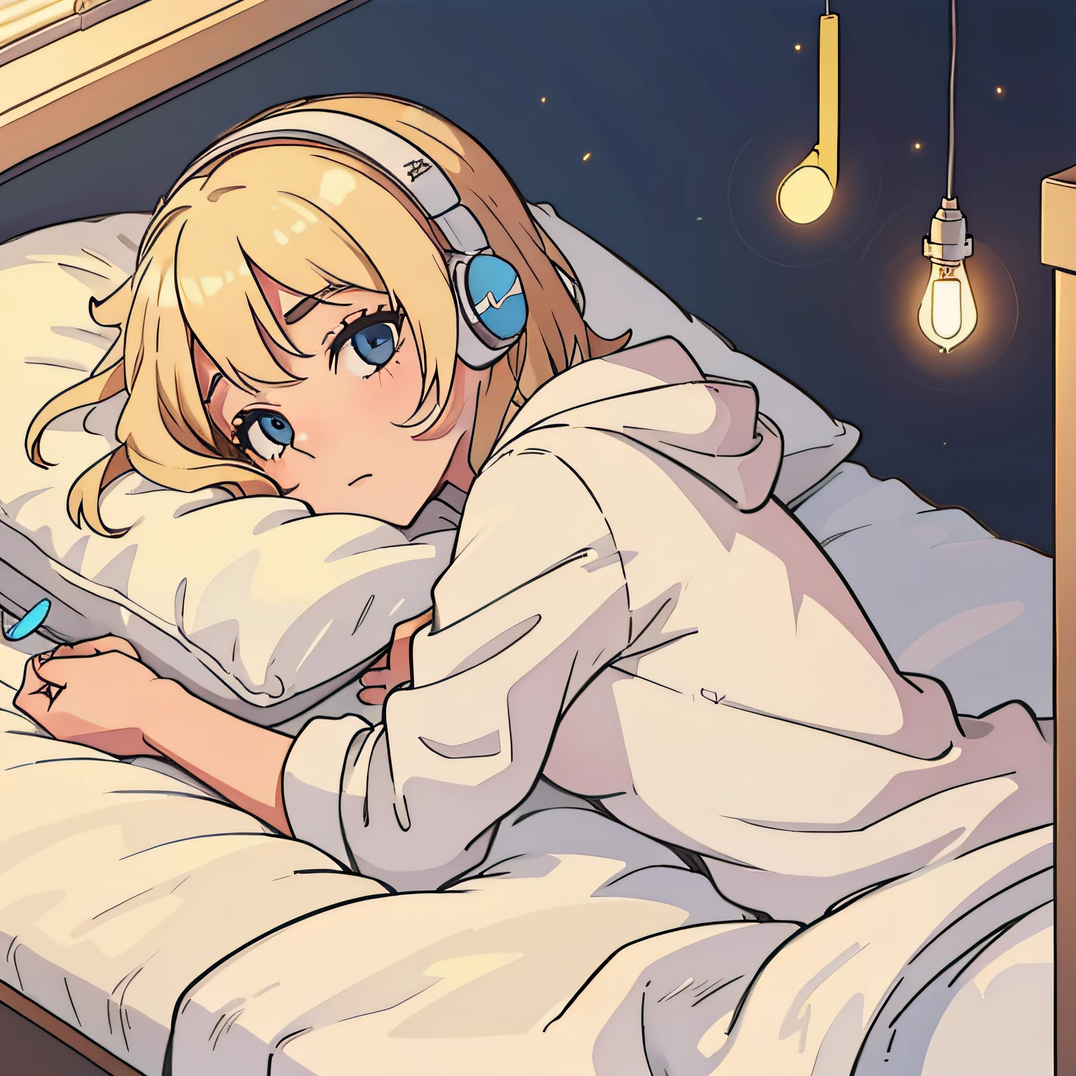 A blonde ager lying in bed listening to music with the light off