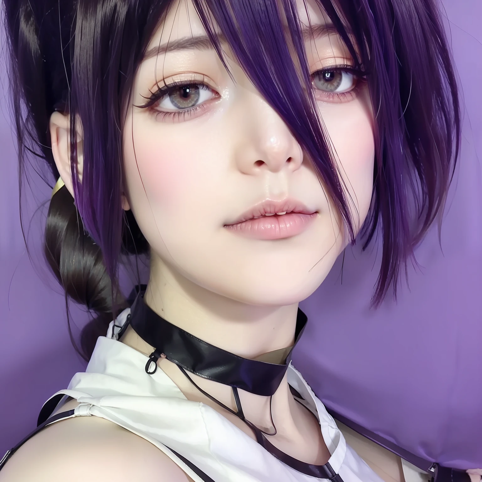 1girl, reze, chainsaw man, purple hair, green eye, white t-shirt realistic, ultra detail, high quality, ((asian face))