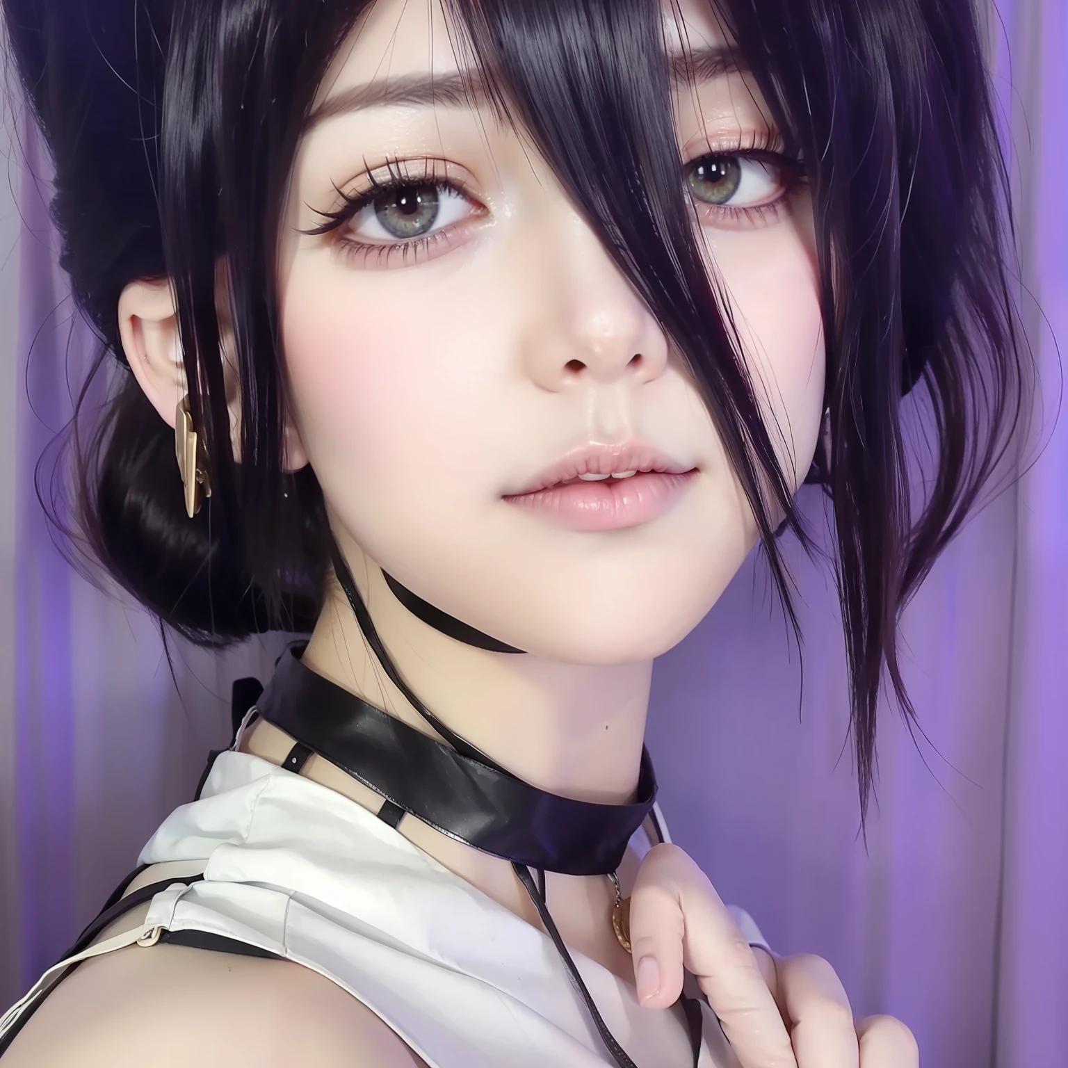 1girl, reze, chainsaw man, purple hair, green eye, white t-shirt realistic, ultra detail, high quality, ((asian face))